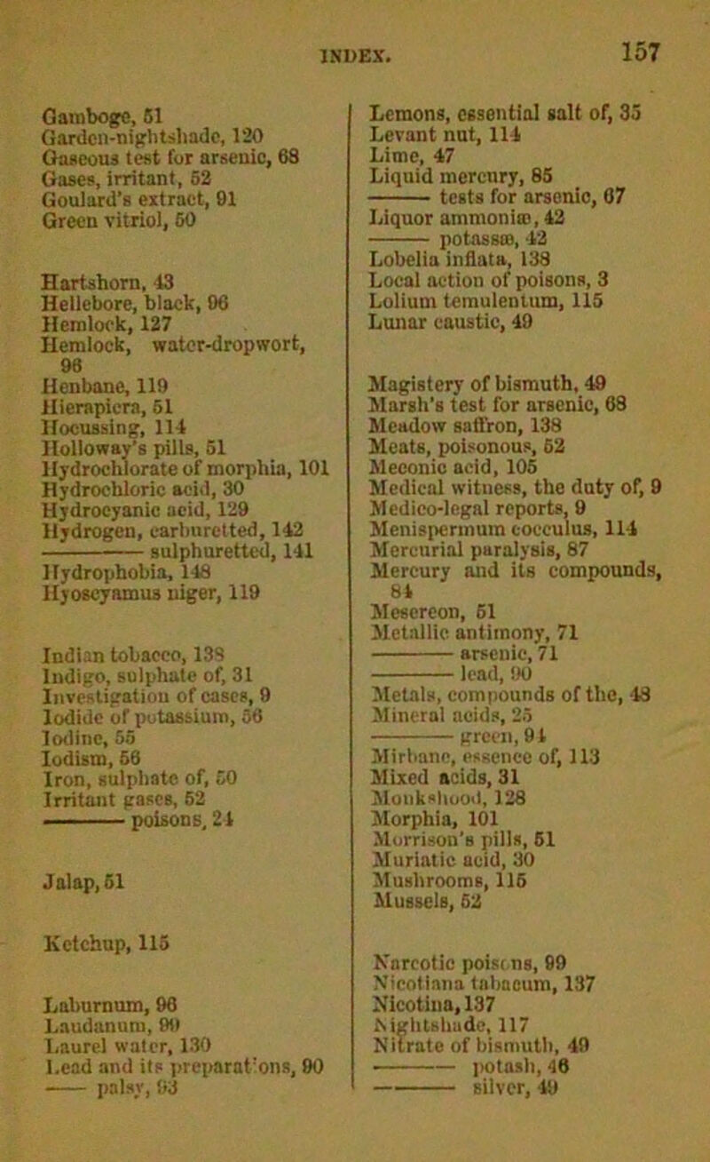 Gamboge, 61 Gariicn-nightsliadc, 120 O^cous test for arsenic, 68 Gases, irritant, 62 Goulard’s extract, 91 Green vitriol, 60 Hartshorn, 43 Hellebore, black, 96 Hemlock, 127 Hemlock, watcr^ropwort, 96 Henbane, 119 Jlierapicra, 61 Hocussing, 114 Holloway’s pills, 61 Hydrochlorate of morphia, 101 Hydrochloric acid, 30 Hydrocyanic acid, 129 Hydrogen, cartmretted, 142 sulphnrettcd, 141 Hydrophobia, 148 Hyoscyamus niger, 119 Indian tobacco, 138 Indigo, sulphate of, 31 liivesligatiou of cases, 9 Iodide of putassium, 66 Iodine, 55 ludism, 66 Iron, sulphate of, 60 Irritant gases, 62 ' - poisons, 2 4 Jalap, 61 Ketchup, 115 Laburnum, 96 Laudanum, 99 I.aurel water, 130 Lead and its i)rcparat’ons, 90 palsy, 93 Lemons, essential salt of, 36 Levant nut, 114 Lime, 47 Liquid mercury, 85 tests for arsenic, 67 Liquor ammonise, 42 potassts, 42 Lobelia inflate, 138 Local action of poisons, 3 Lolium temulenium, 115 Lunar caustic, 49 Magistery of bismuth, 49 Marsh’s test for arsenic, 68 Meadow safi'ron, 138 Meats, poisonous, 62 Meconic acid, 105 Medical witness, the duty of, 9 Medico-legal reports, 9 Menisperinum c-occuius, 114 Mercurial paralysis, 87 Mercury and its compounds, 84 Mcscrcon, 61 Metallic antimony, 71 arsenic, 71 lead, 90 Metals, compounds of the, 48 Mineral acids, 26 green,9 4 Mirhann, essence of, 113 Mixed acids, 31 Alonksliuod, 128 iMorphia, 101 Morrison's pills, 61 Muriatic acid, 30 Mushrooms, 116 Mussels, 62 Karcotic poisi ns, 99 N’icotiana talmcum, 137 Nicotina,137 Mghtshude, 117 Nitrate of bismuth, 40 ■ — imtash, 46 silver, 49