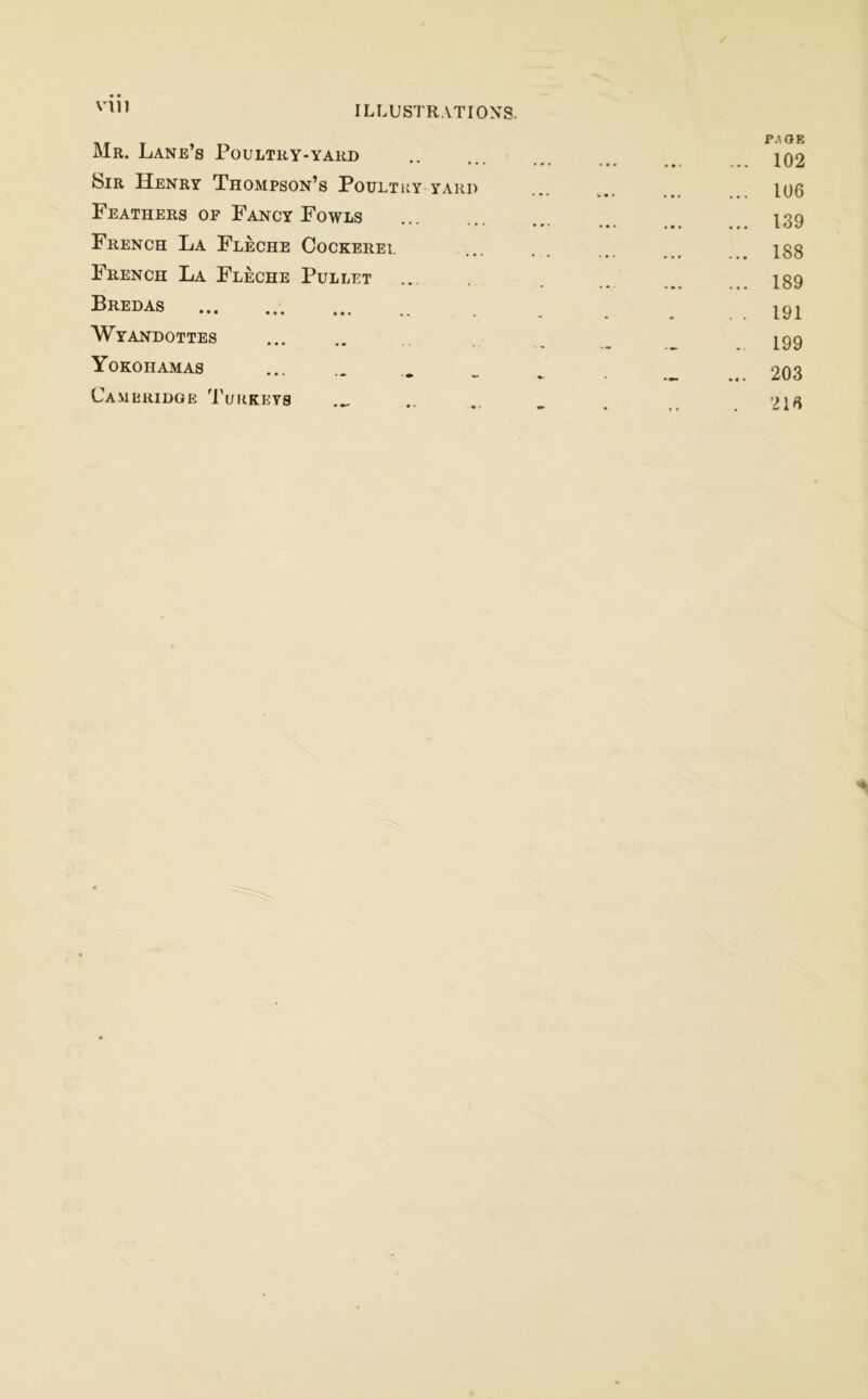 Vlll illustrations. Mr. Lane’s Poultry-yard Sir Henry Thompson’s Poultry yard Feathers op Fancy Fowls French La Fleche Cockerel French La Fleche Pullet Bredas Wyandottes YoKOnAMAS Cambridge Turkeys PAGE ... 102 ... 106 ... 139 ... 188 ... 189 . . 191 .. 199 ... 203 . 216