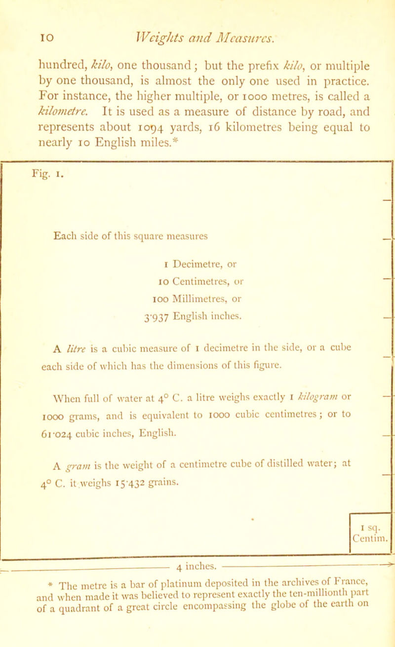 liundred, kilo, one thousand; but the prefix kilo, or multiple by one thousand, is almost the only one used in practice. For instance, the higher multiple, or looo metres, is called a kilometre. It is used as a measure of distance by road, and represents about 1094 yards, 16 kilometres being equal to nearly 10 English miles.* Fig. I. Each side of this square measures _ I Decimetre, or 10 Centimetres, or — 100 Millimetres, or 3'937 English inches. - A Hire is a cubic measure of i decimetre in the side, or a cube each side of which has the dimensions of this figure. When full of water at 4° C. a litre w'eighs exactly i kilogram or - 1000 grams, and is equivalent to 1000 cubic centimetres; or to 6t'024 cubic inches, English. - A gram is the weight of a centimetre cube of distilled water; at 4° C. it weighs 15-432 grains. I sq. Centim. 4 inches. * The metre i.s a bar of platinum deposited in the archives of h ranee, and when made it w'as believed to represent exactly the ten-milhonth part of a quadrant of a great circle encompassing the globe of the earth on