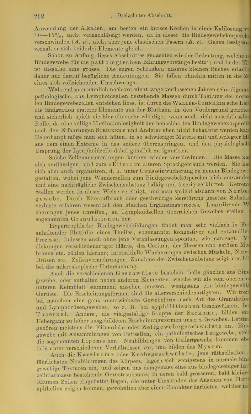 Anwendung der Alkalien, am besten ein kurzes Kochen in einer Kalilösung v.’ 10—lb%, nicht vernachlässigt werden, da in dieser die Bindegewebekörperchi verschwinden {A. a), nicht aber jene elastischen Fasern [B. c). Gegen Essigsät« verhalten sich beiderlei Elemente gleich. Schon zu Anfang dieses Abschnittes gedachten wir der Bedeutung, welche c j Bindegewebe für die p atholo gi sc hen BildungsVorgänge besitzt; und in der TI. ist dieselbe eine grosse. Die engen Schranken unseres kleinen Buches erlaub:« daher nur darauf bezügliche Andeutungen. Sie fallen ohnehin mitten in die 7/^ eines sich vollziehenden Umschwungs. I Während man nämlich noch vor nicht lange verflossenen Jahren sehr allgemt pathologische, aus Lymphoidzellen bestehende Massen durch Theilung der norm len Bindegewebezellen entstehen liess, ist durch die Wallek-Cohnheim’sehe Leh die Emigration ersterer Elemente aus der Blutbahn in den Vordergrund getreten und sicherlich spielt sie hier eine sehr wichtige, wenn auch nicht ausschliesslic: Rolle, da eine völlige Theilnahmlosigkeit der benachbarten Bindegewebekörperebr nach den Erfahrungen Stkickek’s und Anderer eben nicht behauptet werden kan Ueberhaupt möge man sich hüten, in so schwieriger Materie mit unüberlegter Hi aus dem einen Extreme in das andere überzuspringen, und den physiologisch Ursprung der Lymphoidzelle dabei gänzlich zu ignoriren. Solche Zellenansammlungen können wieder verschwinden. Die Masse kaa sich verflüssigen, und zum »Eiter« im älteren Sprachgebrauch werden. Sie ka.. sich aber auch organisiren, d. h. unter Gefässeinwucherung zu neuem Bindegewr« gestalten, wobei jene Wanderzellen zum Bindegewebekörperchen sich umwandet und eine nachträgliche Zwischensubstanz balkig und faserig zerklüftet. Getrenti Stellen werden in dieser Weise vereinigt, und man spricht alsdann von N arbe;‘ gewebe. Durch Eiteraufbruch oder geschwürige Zerstörung gesetzte Substai Verluste erfahren Avesentlich den gleichen Ergänzungsprozess. Luxuriirende W cherungen jenes unreifen, an Lymphoidzellen überreichen Gewebes stellen sogenannten Granulationen her. Hypertrophische Bindegewebebildungen findet man sehr vielfach in Fo' anhaltender Blutfülle eines Theiles, sogenannter kongestiver und entzündlic. Prozesse; indessen auch olme jene Veranlassungen spontan, wie man sagt. V dickungen verschiedenartiger Fläute, des Corium, der fibrösen und serösen Me. branen etc. zählen hierher; interstitielle Wucherungen zwischen Muskeln, Nerv* Drüsen etc. Zellenvermehrungen, Zunahme der Zwischensubstanz zeigt uns hi. bei die mikroskopische Untersuchung. _ _ , Auch die verschiedenen Geschwülste bestehen theils gänzlich aus Bint gewebe, oder enthalten neben anderen Elementen, welche Avir als vom oberen n unteren Keimblatt stammend ansehen müssen, Avenigstens ein bindegeAvebij Gerüste. Die Erscheinungsformen sind die allerverschiedenartigsten. Wir tref: bei manchen eine ganz unentwickelte Gewebeform nach Art des Granulatio;^ und LymphdrüsengeAvebes, so z. B. bei syphilitischen GescliAVülsten, bt^ Tuberkel. Andere, die vielgestaltige Gruppe der Sarkome, bilden eiiij Uebergang zu höher ausgebildeten Erscheinungsformen unseres Gewebes. Letzte i gehören meistens die Fibroide oder Zellgewebegeschwülste an. Binrjt gewebe mit Ansammlungen von Fettzellen, ein pathologisches FettgeAvebe, stel.1 die sogenannten Lipome her. Neubildungen von Gallertgewebe kommen eb* ■ falls unter verschiedenen Verhältnissen vor, und bilden das Myxom. Auch die Karzinome oder Kr ebsges chavüIs t e, jene räthselhaften :i fährlichsten Neubildungen des Körpers, lagern sich Avenigstens in normale bin • gewebige Texturen ein, und zeigen Ains demgemäss eine aus bindegeAvebiger Inl Zellularmasse bestehende Gerüstesubstanz, in deren bald grösseren, bald kleinei[! Räumen Zellen eingebettet liegen, die unter Umständen das Ansehen von Platt epithelien zeigen können, gewöhnlich aber einen Charakter darbieten, Avelcher ni i