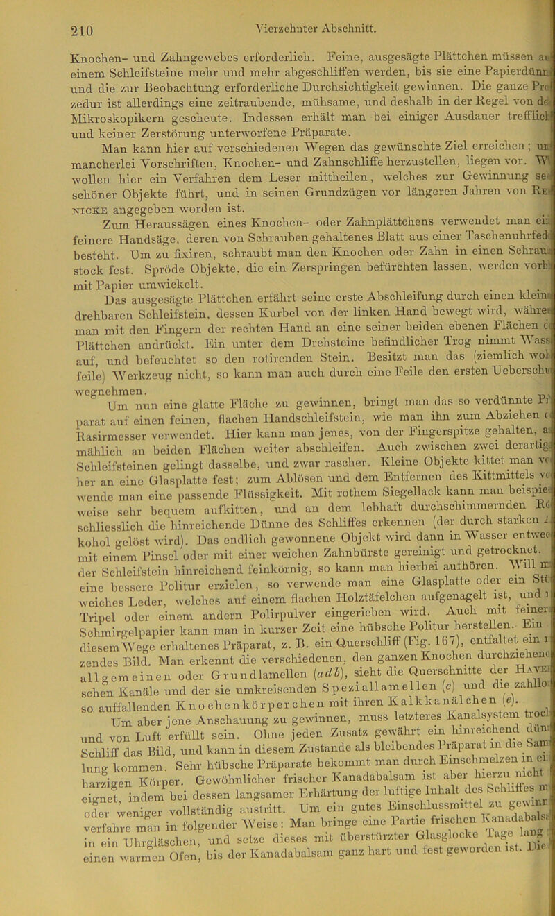 Knochen- und Zahngewebes erforderlich. Feine, ausgesägte Plättchen müssen ai' einem Schleifsteine mehr und mehr abgeschliffen werden, bis sie eine Papierdünr. und die zur Beobachtung erforderliche Durchsichtigkeit gewinnen. Die ganze Prct zedur ist allerdings eine zeitraubende, mühsame, und deshalb in der Regel von de Mikroskopikern gescheute. Indessen erhält man bei einiger Ausdauer trefflicl- und keiner Zerstörung unterworfene Präparate. Man kann hier auf verschiedenen Wegen das gewünschte Ziel erreichen; ur, mancherlei Vorschriften, Knochen- und Zahnschliffe herzustellen, liegen vor. W wollen hier ein Verfahren dem Leser mittheilen, welches zur Gewinnung se schöner Objekte führt, und in seinen Grundzügen vor längeren Jahren von Rei nicke angegeben worden ist. Zum Heraussägen eines Knochen- oder Zahnplättchens verwendet man eiu,] feinere Handsäge, deren von Schrauben gehaltenes Blatt aus einer Taschenuhrfed.j besteht. Dm zu fixiren, schraubt man den Knochen oder Zahn in einen Schrau.] stock fest. Spröde Objekte, die ein Zerspringen befürchten lassen, werden vorhii mit Papier umwickelt. _ _ 1 Das ausgesägte Plättchen erfährt seine erste Abschleifung durch einen klemiJ drehbaren Schleifstein, dessen Kurbel von der linken Hand bewegt wird, währei man mit den Fingern der rechten Hand an eine seiner beiden ebenen Flächen ci_ Plättchen andrückt. Ein unter dem Drehsteine befindlicher Trog nimmt Wassl auf, und befeuchtet so den rotirenden Stein. Besitzt man das (ziemlich wol feile) Werkzeug nicht, so kann man auch durch eine Feile den ersten Ueberschri wegnehmen. j. Um nun eine glatte Fläche zu gewinnen, bringt man das so verdünnte Bi parat auf einen feinen, flachen Handschleifstein, wie man ihn zum Abziehen c Rasirmesser verwendet. Hier kann man jenes, von der Fingerspitze gehalten, mählich an beiden Flächen weiter abschleifen. Auch zwischen zwei derartigd Schleifsteinen gelingt dasselbe, und zwar rascher. Kleine Objekte kittet man vi, her an eine Glasplatte fest; zum Ablösen und dem Entfernen des Kittmittels v( wende man eine passende Flüssigkeit. Mit rothem Siegellack kann man beispietl weise sehr bequem aufkitten, und an dem lebhaft durchschimmernden R( j schliesslich die hinreichende Dünne des Schliffes erkennen (der durch starken kohol gelöst wird). Das endlich gewonnene Objekt wird dann in Wasser entwecj mit einem Pinsel oder mit einer weichen Zahnbürste gereinigt und getrocknet. :: der Schleifstein hinreichend feinkörnig, so kann man hierbei aufhoren. V ili ffl eine bessere Politur erzielen, so verwende man eine Glasplatte oder ein Stiu weiches Leder, welches auf einem flachen Holztäfelchen aufgenagelt ist, und m Tripel oder einem andern Polirpulver eingerieben wird. Auch mit leiaei| Schmirgelpapier kann man in kurzer Zeit eine hübsdie Politur bersteilen Ein diesemWege erhaltenes Präparat, z. B. ein Querschliff (Fig. 167), entfaltet ein i . zendes Bild. Man erkennt die verschiedenen, den ganzen Knochen durchzmhemi^, allgemeinen oder Grundlamellen [adh], sieht die Querschnitte der Have),, sehen Kanäle und der sie umkreisenden Speziallamellen (c) un le zai o. i so auffallenden Knochenkörperchen mit ihren Kalkkanälchen (ej. Um aber jene Anschauung zu gewinnen, muss letzteres Kanalsystem trocJji und von Luft erfüllt sein. Ohne jeden Zusatz gewährt ein Innreichend di n I Schliff das Bild, und kann in diesem Zustande als bleibendes 1 raparat in die Sam. lunu kommen. Sehr hübsche Präparate bekommt man durch Einschmelzen m ei , halligen Körper. Gewöhnlicher frischer Kanadabalsam ist aber hierzii nicht ciref indem bei deesen langsamer Erhärtung der luftige Inhalt des Sehlrffes uv oder weniger vollständig austritt. Um ein gutes Emschlussmittel zu geumn verfahre man in folgender Weise: Man bringe in ein Uhrgläschen, und setze dieses mit überstürzter Glasglocke ^ ^ , einen warmen Ofen, bis der Kanadabalsam ganz hart und lest geworden ist.