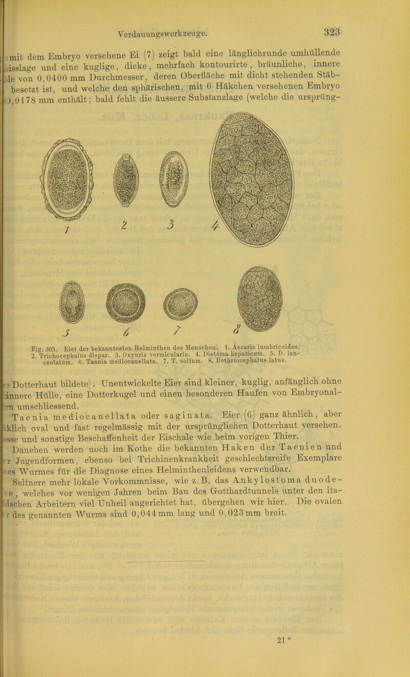 I I mit dem Embryo versehene Ei (7) zeigt bald eine längHchrunde umhüllende Udsslage und eine kuglige, dicke, mehrfach kontourirte, bräunliche, innere I ;le von 0.0400 mm Durchmesser, deren Oberfläche mit dicht stehenden Stäb- i besetzt ist, und welche den sphärischen, mit 6 Häkchen versehenen Embryo ; iO,0178 mm’ enthält; bald fehlt die äussere Substanzlage (welche die ursprttng- Fig. 303. Eier der bekanntesten Helmintben des Menschen. 1. Ascaris lurabricoides. 2. Trichocephalns dispar. 3. Oxyuris vermicnlaris. 4. Distoraa hepaticum. 5. D. lan- ceolatnm. 6. Taenia mediocanellata. 7. T. solinin. 8. Bothriocephalus latus. •2 Dotterhaut bildete). Unentwickelte Eier sind kleiner, kuglig, anfänglich ohne 'innere Hülle, eine Dotterkugel und einen besonderen Haufen von Embryonal- 'cn umschliessend. Taenia mediocanellata oder saginata. Eier (6) ganz ähnlich, aber kklich oval und fast regelmässig mit der ursprünglichen Dotterhaut versehen, -sse und sonstige Beschaffenheit der Eischale wie beim vorigen Thier. Daneben werden noch im Kothe die bekannten Haken der T aenien und ■r Jugendformen, ebenso bei Trichinenkrankheit geschlechtsreife Exemplare es Wurmes für die Diagnose eines Helminthenleidens verwendbar. Seltnere mehr lokale Vorkommnisse, wie z.B. das Ankylostoma duode- e, welches vor wenigen Jahren beim Bau des Gotthardtunnels unter den ita- lischen Arbeitern viel Unheil angerichtet hat, übergehen wir hier. Die ovalen r des genannten Wurms sind 0,044mm lang und 0,023mm breit. 21*