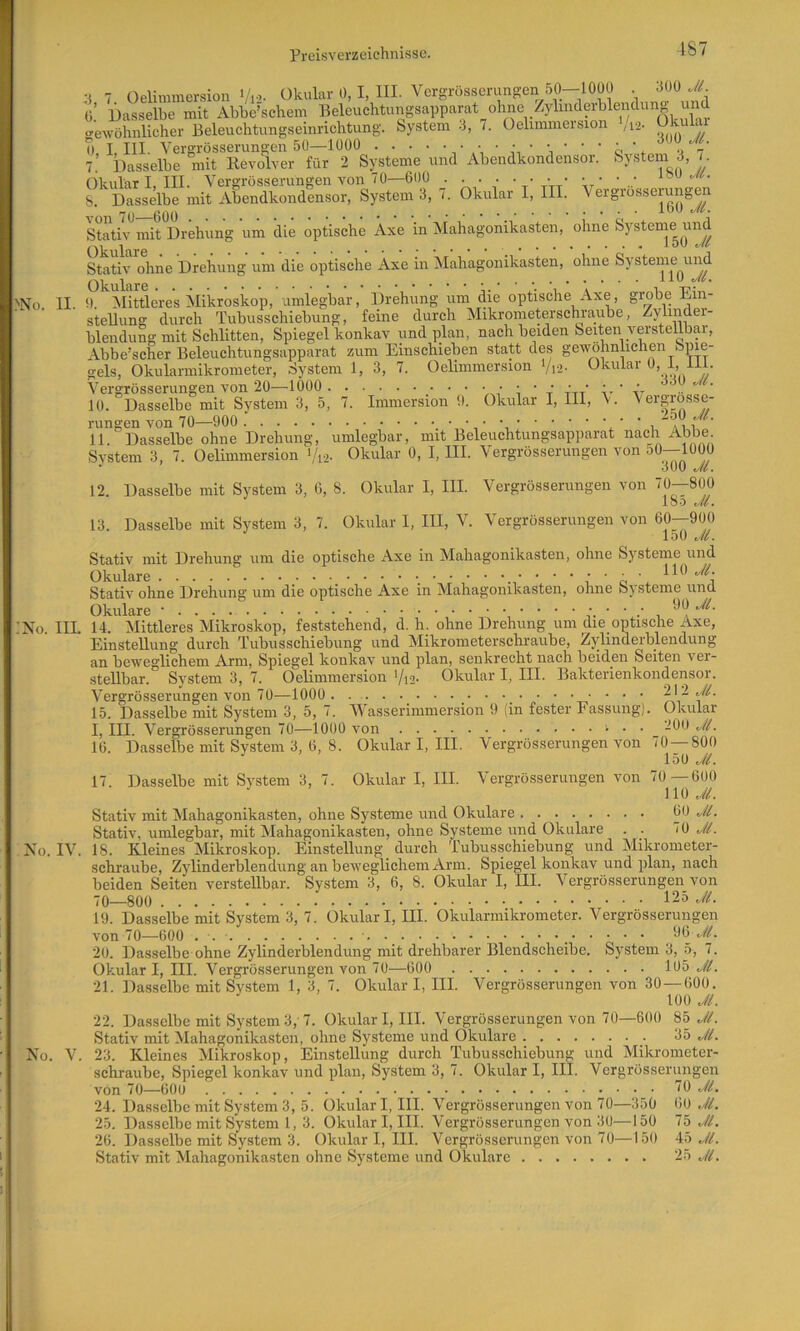 7 Üelimmersion Vi >- Okular 0,1, III. Vcrgrösserunp;en 50—1000 . 100 Jt. o’ Dasselbe mit AbbVschem Beleuchtungsapparat ohne Zylinderblendung u^^^^ crewöhnlicher Beleuchtungseinrichtung. System -3, 7. Oehmmersion OkuLu 0 I III. Vergrösserungen 50—1000 ‘ i, ' i 7. Dasselbe mit Eevolver für 2 Systeme und Abendkondensor. S>ystem 3, Okular I, III. Vergrösserungen von 70—600 .... • • • • • • • • ^Dasselbe mit Abendkondensor, System 3, 7. Okular I, III. Vergrösserungen Stativ mit Drehung um die optische Äxe in Mahagonikasten, ohne Systeme und löU tw Stativ ohne Drehung um die optische Axe in Mahagonikasten, ohne Systeme und liU 'No. II. 9. Iklittleres Mikroskop, imilegbar, Drehung um die optische Axe, grobe Ein- stellung durch Tubusschiebung, feine durch Mikrometerschraube, Zylinder- blendung mit Schlitten, Spiegel konkav und plan, nach beiden Seiten verstellbar, Abbe’scher Beleuchtungsapparat zum Einschieben statt de.s gewöhnlichen Spie- gels, Okularniikroineter, System 1, 3, 7. Oelinimersion Vi2. /•‘■y Vergrösserungen von 20—1000 V.,' i ’ 7 ttt' ‘ w 10. Dasselbe mit System 3, 5, 7. Immersion 9. Okular I, III, \. ^ergrosse- rungen von 70—900 •„'i' b ' 11. Dasselbe ohne Drehung, umlegbar, mit Beleuchtungsapparat nach Abbe System 3, 7. Oelimmersion Vi2- Okular 0, I, III. Vergrösserungen von 50_—1000 * o U ü Olt • 12. Dasselbe mit System 3, C, 8. Okular 1, III. Vergrösserungen von 16—800 ISo JL 13. Dasselbe mit System 3, 7. Okular 1, III, V. Vergrösserungen von 60—900 IdO Ji. Stativ mit Drehung um die optische Axe in Mahagonikasteii, ohne Systeme und Okulare 110 ,///. Stativ ohne Drehung um die optische Axe in Mahagonikasten, ohne Systeme und Okulare • ;No. IIL 14. Mittleres Mikroskop, feststehend, d. h. ohne Drehung um die optische Axe, Einstellung durch Tubusschiebung und Mikrometersehraube, Zyrlinderblendung an beweglichem Arm, Spiegel konkav und plan, senkrecht nach beiden Seiten ver- stellbar. System 3, 7. Oelimmersion 7i2. Okular I, III. Bakterienkondensor. Vergrösserungen von 70—1000 21^ Ji. 15. Dasselbe mit System 3, 5, 7. 'Wasserimniersion 9 (in fester Fassung). Okular I, III. Vergrösserungen 70—1000 von . . 200 Ji. 16. Dasselbe mit System 3, 6, 8. Okular I, III. Vergrösserungen von 70 —800 150 JI. 17. Dasselbe mit System 3, 7. Okular I, III. Vergrösserungen von 70 —600 110../*!’. Stativ mit Mahagonikasten, ohne Systeme und Okulare tiO Ji. Stativ, umlegbar, mit Mahagonikasten, ohne Systeme und Okulare . . 70 Ji. No. IV. 18. Kleines Mikroskop. Einstellung durch Tubusschiebung und Mikrometer- schraube, Zydinderblendung an beweglichem Arm. Spiegel konkav und plan, nach beiden Seiten verstellbar. System 3, 6, 8. Okular I, III. Vergrösserungen von 70—800 125 „//. 19. Dasselbe mit System 3, 7. Okular I, III. Okularmikrometer. Vergrösseruiigen von 70—600 . ■ 66 Ji. 20. Dasselbe ohne Zylinderblendung mit drehbarer Blendscheibe. System 3, _5, 7. Okular I, III. Vergrösserungen von 70—600 105 21. Dasselbe mit System 1, 3, 7. Okular I, III. Vergrösserungen von 30 — 600. 100 Ji. 22. Dasselbe mit System 3,'7. Okular I, III. Vergrösserungen von 70—600 85 „//. Stativ mit Mahagonikasten, ohne Systeme und Okulare 'ih Ji. No. V. 23. Kleines Mikroskop, Einstellung durch Tubusschiebung und Mikrometer- schraube, Spiegel konkav und plan, System 3, 7. Okular I, III. Vergrösserungen von 70-600 16 24. Dasselbe mit System 3, 5. Okular I, III. Vergrösserungen von 70—350 60 Ji. 25. Dasselbe mit System 1, 3. Okular I, III. Vergrösserungen von 30—150 75 Ji. 26. Dasselbe mit System 3. Okular I, III. Vergrösserungen von 70—150 45 _//. Stativ mit Mahagonikasten ohne Systeme und Okulare 25 Ji.