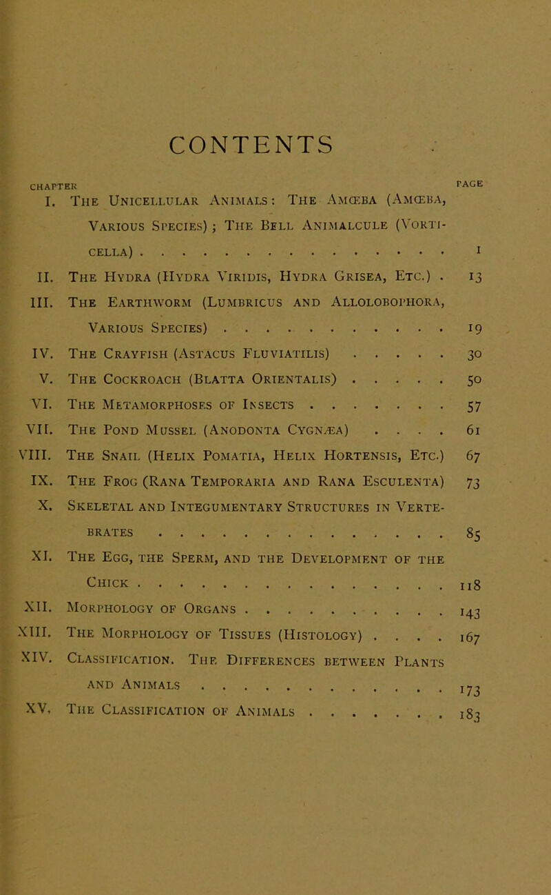 CONTENTS CHAPTER PAGE I. The Unicellular Animals : The Amceba (Amceba, Various Species) ; The Bell Animalcule (Vorti- cella) 1 II. The Hydra (Hydra Viridis, Hydra Grisea, Etc.) . 13 III. The Earthworm (Lumbricus and Allolobophora, Various Species) 19 IV. The Crayfish (Astacus Fluviatilis) 30 V. The Cockroach (Blatta Orientalis) 50 VI. The Metamorphoses of Insects 57 VII. The Pond Mussel (Anodonta Cy'gn.^a) .... 61 VIII. The Snail (Helix Pomatia, Helix Hortensis, Etc.) 67 IX. The Frog (Rana Temporaria and Rana Esculenta) 73 X. Skeletal and Integumentary Structures in Verte- brates 85 XI. The Egg, the Sperm, and the Development of the Chick u8 XII. Morphology of Organs 143 XIII. The Morphology of Tissues (Histology) .... 167 XIV. Classification. The Differences between Plants and Animals ^ XV. The Classification of Animals iS?