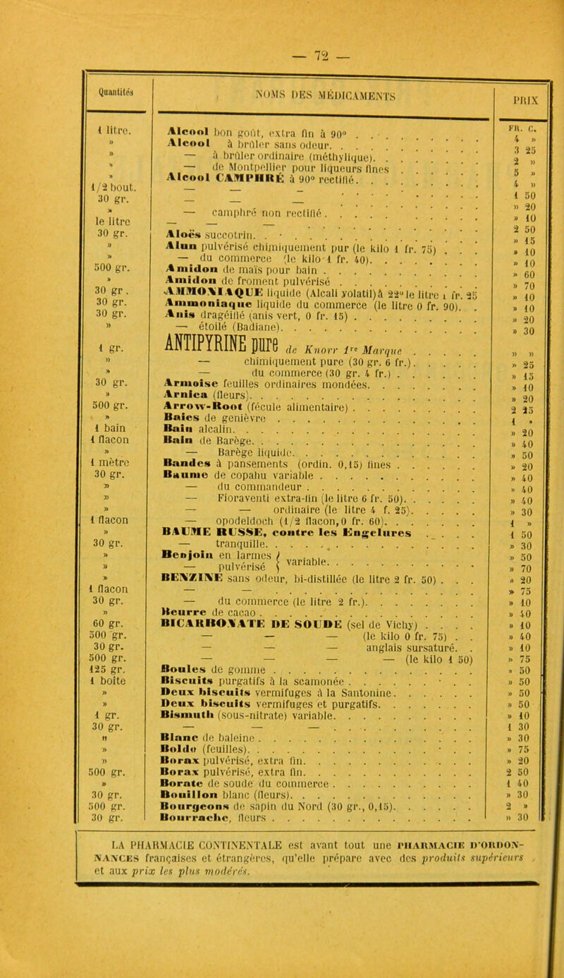 — Tl Quantités t litre. 1/2 bout. 30 gr. » le litre 30 gr. 500 gr. » 30 gr . 30 gr. 30 gr. » 1 gr. 30 gr. N 500 gr. » 1 bain 1 flacon » t mètre 30 gr. 1 flacon » 30 gr. 1 flacon 30 gr. ï> 60 gr. 500 gr. 30 gr. 500 gr. 125 gr. 1 boite 1 gr. 30 gr. » 500 gr. » 30 gr. 500 gr. 30 gr. NOMS DES MÉDICAMENTS Alcool bon gortt, extra fin à 90° . Alcool à brûler sans odeur ’ ‘ — à brûler ordinaire (méthylique). .... — de Montpellier pour liqueurs fines Alcool CAMPHRÉ à 90° rectifié ! ! ! — camphré non rectifié ... A tocs succotrin. . • Alun pulvérisé chimiquement pur (le kilo l fr. 75) — du commerce, (le kilo l fr. 40) ! Amidon de maïs pour bain ’ Amidon de froment pulvérisé AMMONIAQUE liquide (Alcali yolatil)à 22uIe litre i fr. 25 Ammoniaque liquide du commerce (le litre 0 fr. 90) Anis dragéifié (anis vert, 0 fr. 15) ’ ’ — étoilé (Badiane) ANTIPYRINE pure de Knorr lrc Marque — chimiquement pure (30 gr. 6 fr.). . . . — du commerce (30 gr. 4 fr.) ’ Armoise feuilles ordinaires mondées Arnica (fleurs) Arrow-Root (fécule alimentaire) Baies de genièvre Bain alcalin Bain de Barège | * — Barège liquide ’ Bandes à pansements (ordin. 0,15) fines ! Baume de copahu variable — du commandeur — Fioraventi extra-lin (le litre 6 fr. 50). — — ordinaire (le litre 4 f. 25) — opodeldoch (1/2 flacon, 0 fr. 60). BAUME RUSSE, contre les Engelures .... — tranquille „ '. . . Benjoin en larmes ) . . . — pulvérisé 1 variable BENZINE sans odeur, bi-distillée (le litre 2 fr. 50) . . . — du commerce (le litre 2 fr.) Beurre de cacao BICARBONATE I»E SOUDE (sel de Vichy) . — — — (le kilo 0 fr. 75) . . — — — anglais sursaturé. . — — — — (le kilo 1 50) Boules de gomme Biscuits purgatifs à la scamonée • . . Deux biscuits vermifuges ;ï la Santonine Deux biscuits vermifuges et purgatifs Bismuth (sous-nitrate) variable Blanc de baleine Boldo (feuilles) • . . Borax pulvérisé, extra fin Borax pulvérisé, extra fin Borate de soude du commerce . Bouillon blanc (fleurs) Bourgeons de sapin du Nord (30 gr., 0,15) Ilourrache, fleurs PRIX rn. c. 4 » 3 25 2 5 4 1 50 » 20 » 10 2 50 » 15 » 10 » 10 » 60 » 70 « 10 » 10 » 20 » 30 15 10 20 25 2 1 » » 20 » 40 » 50 » 20 » 40 » 40 » 40 » 30 1 » 1 50 » 30 » 50 » 70 0 20 » 75 » 10 » 40 » 10 » 40 » 10 » 75 » 50 » 50 » 50 » 50 » 10 1 30 » 30 » 75 » 20 2 50 1 40 » 30 2 » » 30 LA PHARMACIE CONTINENTALE est avant tout une imiaiimacie D'OlinOX- NAtvcES françaises et étrangères, qu’elle prépare avec des produit* supérieurs