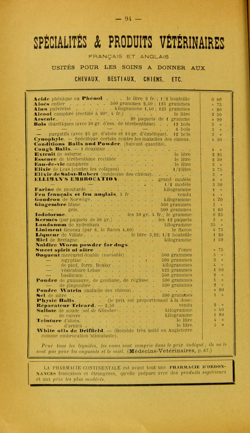 SPÉCIALITÉS <fc PRODUITS VÉTÉRINAIRES FRANÇAIS ET ANGLAIS USITÉS POUR LES SOINS A DONNER AUX CHEVAUX, BESTIAUX, CHIENS, ETC. Acide phonique ou l'Iiénol ... le litre 2 fr. ; 1/2 bouteille Aloès entier 500 grammes 2,50 ; 125 grammes Alun pulvérisé kilogramme 1,40; 125 grammes Alcool camphré (rcctilié à 90°, 4 fr.) Arsenic 20 paquets de 1 Hols diurétiques (avec 30 gr. d’ess. de térébenthine) . . le litre gramme 12 bols 6 bols — purgatifs (avec 25 gr. d’aloès et 10 gr. d’émétique). 12 bcls Cynophyle. — Spécifique certain contre les maladies des chiens. Conditions Halls and l’ondcr (Suivant quantité). Cough Halls. — 1 douzaine Extrait de saturne le litre Essence de térébenthine rectifiée ...... le litre Eau-de-vie camphrée le litre Elixir de Leas (contre les coliques) 1 /2 litre Elixir de Saint-Hubert (médecine des chiens). ELLLMA1VS EMBHOCATIOA grand modèle 1/2 modèle kilogramme vendu kilogramme /n 20 50 Farine de moutarde Feu français et feu anglais, 5 fr . . . Goudron de Norwège Gingembre blanc 500 grammes gris 500 grammes Iodoforme les 30 gr. 4 fr.; le gramme Kermès (par paquets de 30 gr.) les 12 paquets Laudanum de Sydenham kilogramme Uniment Geneau (par 6, le flacon 4,60) ... le flacon Liqueur de Villate le litre 3,25; 1/2 bouteille Miel de Bretagne kilogramme IValdire Worm powder for dogs. Sivcet spirit of nitre l’once » 7;i Onguent mercuriel double (.variable) 500 grammes 5 — ægyptiac ; . 500 grammes 3 — de pied, form. Boulay kilogrammes 4 — vésicatoire Lebas 125 grammes l 50 — basilicurn 500 grammes 2 » Poudre de guimauve, de gentiane, de réglisse . 500 grammes l » — de gingembre 500 grammes 2 » Poudre Watrin (maladie des chiens) ”80 Sel de nitre 500 grammes 1 » IMiysie Halls (le prix est proportionnel à la dose) Réparateur Tricard. — 2,50 vendu 2 >> Sulfate de soude (sel de Glauberr kilogramme » 40 — de cuivre kilogramme l 80 Teinture d’aioès le litre 4 » — d’arnica le litre 5 » Wliite Olls de llririield. — (Remède très usité en Angleterre comme embrocation ■stimulante). Peur tous les liquides, les vases sont compris dans le prix indiqué ; ils ne le sont pus pour les onguents et le miel. (Médecins-Vetérinaires, p. 67.) 0 80 » 75 * 20 2 50 » 90 5 » 3 » 5 » 4 50 s;> 50 / u 50 4 2 2 3 3 3 6 3 1 » 4 » 1 20 3 » 1 60 0 25 3 » 35 » 4 1 1 LA PHARMACIE CONTINENTALE est avant tout une pharmacie o’ohoon- Aaaces françaises et étrangères, qu’elle prépare avec des produits supérieurs