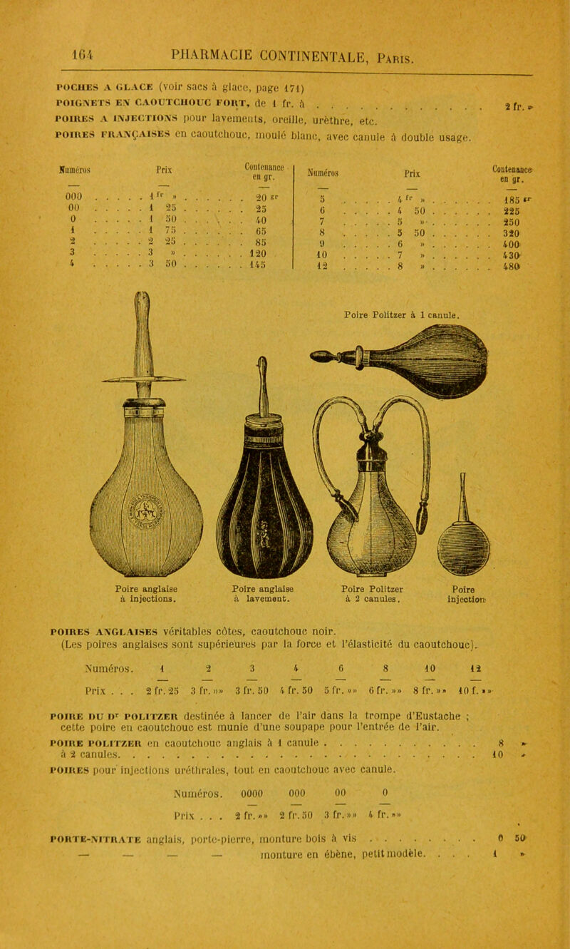 poches a glace (voir sacs à glace, page 171) POIGNETS EN CAOUTCHOUC FOUT, de 1 fr. à poires a injections pour lavements, oreille, urèthre, etc. poires françaises en caoutchouc, moulé blanc, avec canule A double usage. Numéros Prix Contenance en gr. 000 1 f » . . . 20 er 00 ..... 1 25 . . . . . 25 0 1 50 . . . . . 40 1 I 75 . . . . . 65 2 25 . . . . . 85 3 3 »... . . 120 4 3 50 . . . . . 145 Numéros Prix 5 4tr » 185 «r 0 4 50 225 7 5 »• 250 8 5 50 320 9 0 » 400 10 7 » 430 12 8 » 480 Poire anglaise à Injections. Poire Politzer à 1 canule. Poire anglaise Poire Politzer Poire à lavement. à 2 canules. injection' poires anglaises véritables côtes, caoutchouc noir. (Les poires anglaises sont supérieures par la force et l’élasticité du caoutchouc). Numéros. l 2 3 4 0 8 10 12 Prix ... 2 fr. 25 3 fr. »» 3 fr. 50 4 fr. 50 5 fr. »» 6fr. »» Sfr.»» 10 f. «» poire du or politzer destinée à lancer de l’air dans la trompe d’Eustache ; cette poire en caoutchouc est munie d’une soupape pour l’entrée de l’air. poire politzer en caoutchouc anglais à 1 canule 8 * à 2 canules 10 * poires pour injections uréthrales, tout en caoutchouc avec canule. Numéros. 0000 000 00 0 Prix . . . 2 fr. »» 2 fr.50 3 fr.»» 4fr.->» porte-nitrate anglais, porte-pierre, monture bois à vis . 0 50 — — — — monture en ébène, petit modèle. . . i