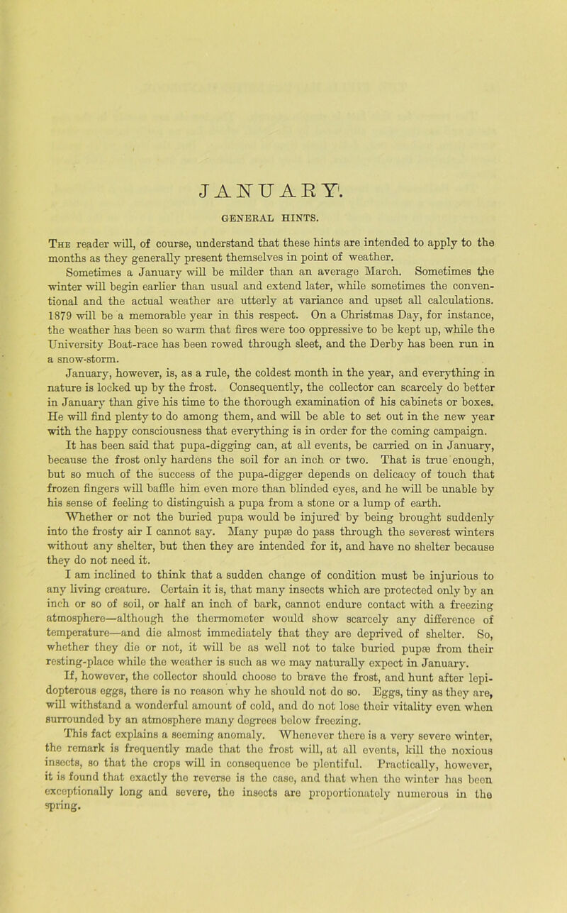 JANUARY; GENERAL HINTS. The reader will, of course, understand that these hints are intended to apply to the months as they generally present themselves in point of weather. Sometimes a January will he milder than an average March. Sometimes the winter will begin earlier than usual and extend later, while sometimes the conven- tional and the actual weather are utterly at variance and upset all calculations. 1879 will be a memorable year in this respect. On a Christmas Day, for instance, the weather has been so warm that fires were too oppressive to be kept up, while the University Boat-race has been rowed through sleet, and the Derby has been run in a snow-storm. January, however, is, as a rule, the coldest month in the year, and everything in nature is locked up by the frost. Consequently, the collector can scarcely do better in January than give his time to the thorough examination of his cabinets or boxes. He will find plenty to do among them, and will be able to set out in the new year with the happy consciousness that everything is in order for the coming campaign. It has been said that pupa-digging can, at all events, be carried on in January, because the frost only hardens the soil for an inch or two. That is true enough, but so much of the success of the pupa-digger depends on delicacy of touch that frozen fingers will baffle him even more than blinded eyes, and he will be unable by his sense of feeling to distinguish a pupa from a stone or a lump of earth. Whether or not the buried pupa would be injured by being brought suddenly into the frosty air I cannot say. Many pup® do pass through the severest winters without any shelter, but then they are intended for it, and have no shelter because they do not need it. I am inclined to think that a sudden change of condition must be injurious to any living creature. Certain it is, that many insects which are protected only by an inch or so of soil, or half an inch of bark, cannot endure contact with a freezing atmosphere—although the thermometer would show scarcely any difference of temperature—and die almost immediately that they are deprived of shelter. So, whether they die or not, it will be as well not to take buried pupae from their resting-place while the weather is such as we may naturally expect in January. If, howovor, the collector should choose to brave the frost, and hunt after lepi- dopterous eggs, there is no reason why he should not do so. Eggs, tiny as they are, will withstand a wonderful amount of cold, and do not lose their vitality even when surrounded by an atmosphere many dogrees below freezing. This fact explains a seeming anomaly. Whenever there is a very severe winter, the remark is frequently made that the frost will, at all events, kill the noxious insects, so that the crops will in consequence bo plentiful. Practically, however, it is found that exactly the reverse is the case, and that when the winter has been exceptionally long and severe, the insects are proportionately numerous in the spring.