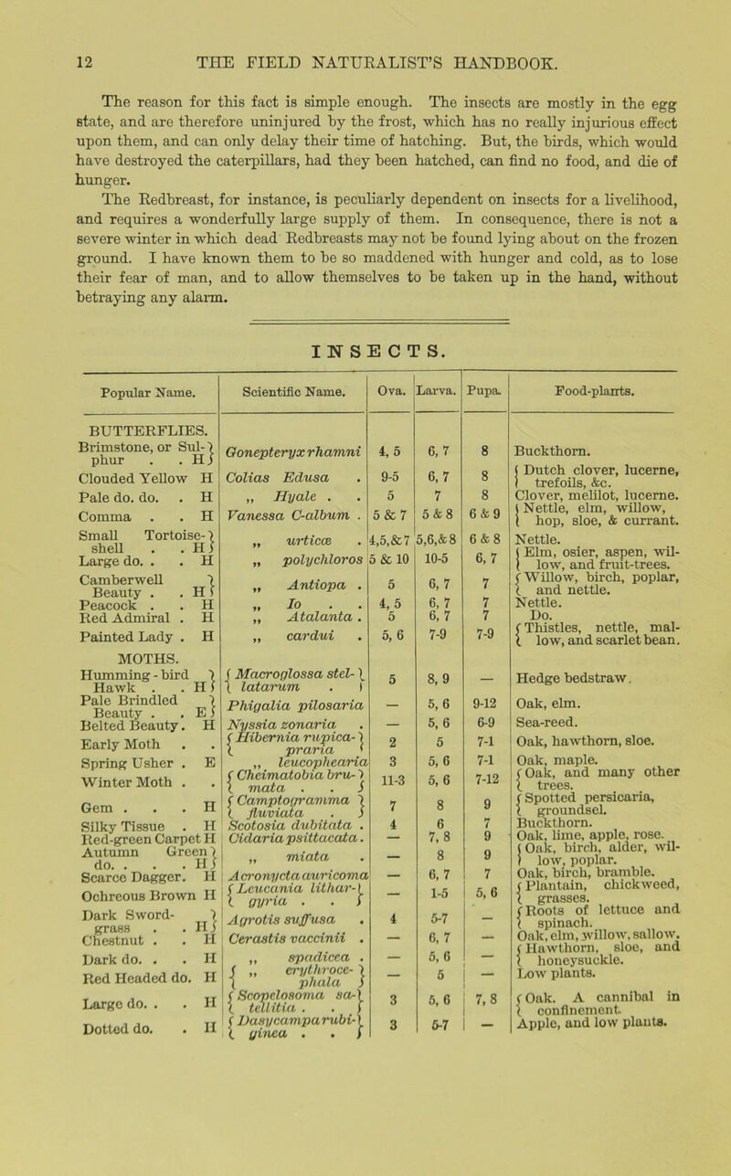 The reason for this fact is simple enough. The insects are mostly in the egg state, and are therefore uninjured by the frost, which has no really injurious effect upon them, and can only delay their time of hatching. But, the birds, which would have destroyed the caterpillars, had they been hatched, can find no food, and die of hunger. The Redbreast, for instance, is peculiarly dependent on insects for a livelihood, and requires a wonderfully large supply of them. In consequence, there is not a severe winter in which dead Redbreasts may not be found lying about on the frozen ground. I have known them to be so maddened with hunger and cold, as to lose their fear of man, and to allow themselves to be taken up in the hand, without betraying any alarm. INSECTS. Popular Name. BUTTERFLIES. Brimstone, or Sul-1 phur . . Hj Clouded Yellow H Pale do. do. . H Comma . . H Small Tortoise-7 shell . .Hi Large do. . . H Camberwell 1 Beauty . .Hi Peacock . . H Red Admiral . H Painted Lady . H Scientific Name. Gonepteryx rhamni Colias Edusa „ Hyale . Vanessa C-album . „ urticce „ polychloros „ Antiopa . „ Io „ Atalanta. „ cardui MOTHS. Humming - bird 1 Hawk . .Hi Pale Brindled \ Beauty . . EI Belted Beauty. H Early Moth Spring Usher . E Winter Moth . Gem . . . H Silky Tissue . II Red-green Carpet H Autumn Green) do. . . .Hi! Scarce Dagger. II Ochrcous Brown II Dark Sword- 1 grass . .Hi Chestnut . . II (Macroglossa stel- \ ( latarum . I Phigalia pilosaria Nyssia zonaria f Hibernia rupica- ] i praria * leucophearia ( Chcimatobia bru- X X mata . . i 1 Camptogramma 1 X fluviata . I Scotosia dubitata . Ciclariapsittacata. „ miata 1 A crony eta auricoma ( Leucania lithar-1 l gyria . . i Agrotis suffusa Cerastis vaccinii . Dark do. . Red Headed do. Large do. . Dotted do. H II II H „ spadicea . < „ a-ythroce- X ( phala ) (Scopdosoma so-) (. tellitia . . f f Dasycampurubi-) X ginca . . > Ova. Larva. Pupa. Food-plants. 4, 5 6,7 8 Buckthorn. 9-5 6,7 8 j Dutch clover, lucerne, 1 trefoils, &c. 5 7 8 Clover, melilot, lucerne. 5 & 7 5 & 8 6 & 9 (Nettle, elm, willow, t hop, sloe, & currant. 4,5,&7 5,6,&8 6 & 8 Nettle. 5 & 10 10-5 6,7 j Elm, osier, aspen, wil- I low, and fruit-trees. 6,7 (Willow, birch, poplar, 0 / 1 and nettle. 4, 5 6, 7 7 Nettle. 5 6, 7 7 Do. 7-9 7-9 f Thistles, nettle, mal- 5, 6 X low, and scarlet bean. 5 8, 9 — Hedge bedstraw. — 5, 6 9-12 Oak, elm. — 5,6 6-9 Sea-reed. 2 5 7-1 Oak, hawthorn, sloe. 3 5, 6 7-1 Oak, maple. 11-3 5, 6 7-12 (Oak, and many other X trees. 8 /Spotted persicaria, 7 X groundsel. 4 6 7 Buckthorn. 7,8 9 9 Oak, lime, apple, rose, j Oak, birch, alder, wil- — 8 1 low, poplar. 6, 7 7 Oak, birch, bramble. 1-5 5, 6 (Plantain, chickweed, 1 grasses. (Roots of lettuce and 5-7 4 — X spinach. 6,7 Oak, elm, willow, sallow. (Hawthorn, sloe, and — 5, 6 j honeysuckle. — 5 — Low plants. 3 5, 6 7,8 i Oak. A cannibal in X confinement. 3 5-7 Apple, and low plants.