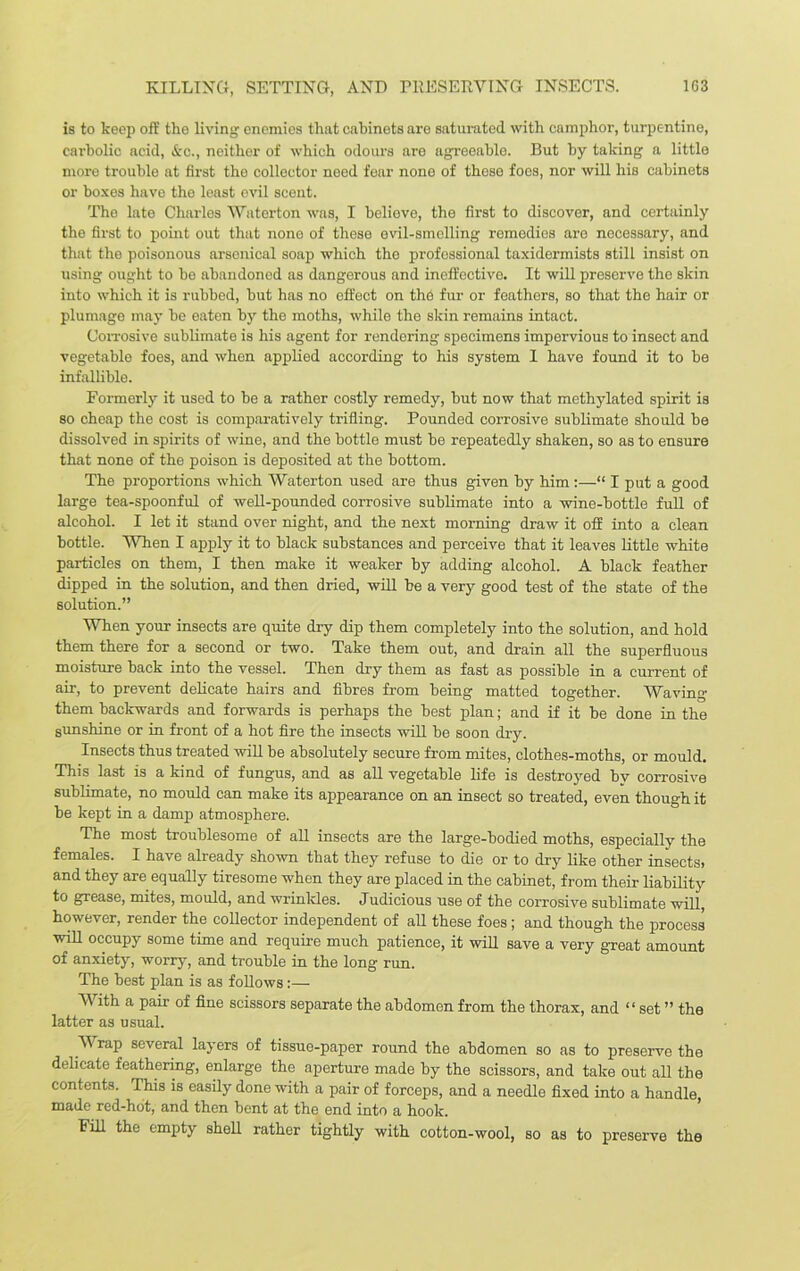 is to keep off the living enemies that cabinets are saturated with camphor, turpentine, carbolic acid, &c., noither of which odours are agreeable. But by taking a little more trouble at first the collector need fear none of these foes, nor will his cabinets or boxes have the least evil scent. The late Charles Waterton was, I believe, the first to discover, and certainly the first to point out that none of these evil-smelling remedies are necessary, and that the poisonous arsenical soap which the professional taxidermists still insist on using ought to be abandoned as dangerous and ineffective. It will preserve the skin into which it is rubbed, but has no effect on the fur or feathers, so that the hair or plumage may be eaten by the moths, while the skin remains intact. Corrosive sublimate is his agent for rendering specimens impervious to insect and vegetable foes, and when applied according to his system 1 have found it to be infallible. Formerly it used to be a rather costly remedy, but now that methylated spirit is so cheap the cost is comparatively trifling. Pounded corrosive sublimate should be dissolved in spirits of wine, and the bottle must be repeatedly shaken, so as to ensure that none of the poison is deposited at the bottom. The proportions which Waterton used are thus given by him :—“ I put a good large tea-spoonful of well-pounded corrosive sublimate into a wine-bottle fuU of alcohol. I let it stand over night, and the next morning draw it off into a clean bottle. When I apply it to black substances and perceive that it leaves little white particles on them, I then make it weaker by adding alcohol. A black feather dipped in the solution, and then dried, wiU be a very good test of the state of the solution.” When your insects are quite dry dip them completely into the solution, and hold them there for a second or two. Take them out, and drain all the superfluous moisture back into the vessel. Then dry them as fast as possible in a current of air, to prevent delicate hairs and fibres from being matted together. Waving them backwards and forwards is perhaps the best plan; and if it be done in the sunshine or in front of a hot fire the insects will be soon dry. Insects thus treated will be absolutely secure from mites, clothes-moths, or mould. This last is a kind of fungus, and as all vegetable life is destroyed by corrosive sublimate, no mould can make its appearance on an insect so treated, even though it be kept in a damp atmosphere. The most troublesome of all insects are the large-bodied moths, especially the females. I have already shown that they refuse to die or to dry like other insects) and they are equally tiresome when they are placed in the cabinet, from their liability to grease, mites, mould, and wrinkles. Judicious use of the corrosive sublimate will, however, render the collector independent of all these foes; and though the process wiR occupy some time and require much patience, it will save a very great amount of anxiety, worry, and trouble in the long run. The best plan is as follows:— With a pair of fine scissors separate the abdomen from the thorax, and “ set ” the latter as usual. W rap several layers of tissue-paper round the abdomen so as to preserve the delicate feathering, enlarge the aperture made by the scissors, and take out all the contents. This is easily done with a pair of forceps, and a needle fixed into a handle made red-hot, and then bent at the end into a hook. Fill the empty shell rather tightly with cotton-wool, so as to preserve the