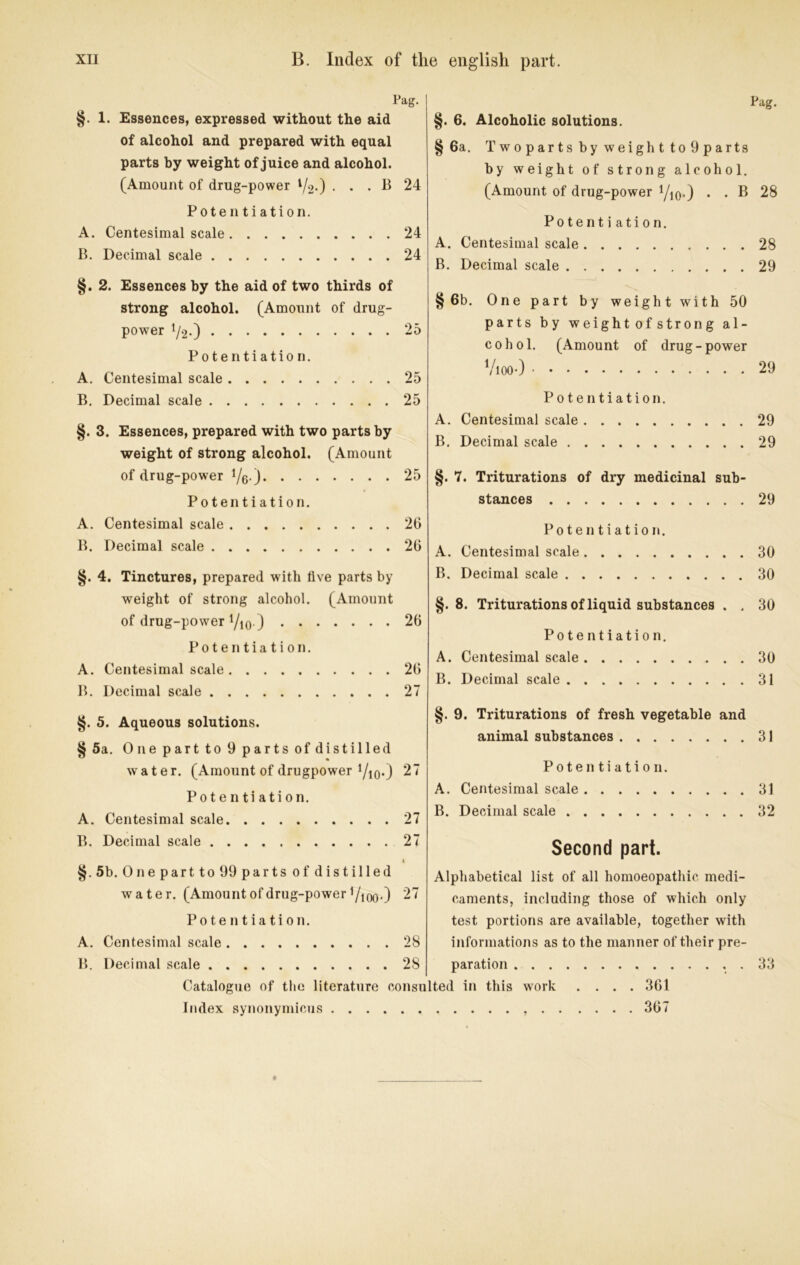 Pag. §. 1. Essences, expressed without the aid of alcohol and prepared with equal parts by weight of juice and alcohol. (Amount of drug-power V2O ... B 24 Potentiation. A. Centesimal scale 24 B. Decimal scale 24 §. 2. Essences by the aid of two thirds of strong alcohol. (Amount of drug- power t/2.) 25 Potentiation. A. Centesimal scale 25 B. Decimal scale 25 §. 3. Essences, prepared with two parts by weight of strong alcohol. (Amount of drug-power i/ö j 25 Potentiation. A. Centesimal scale 26 B. Decimal scale 26 §. 4. Tinctures, prepared with live parts by weight of strong alcohol. (Amount of drug-power t/to ) 26 Potentiation. A. Centesimal scale 26 B. Decimal scale 27 Pag. §. 6. Alcoholic Solutions. § 6a. T w 0 par ts by weigh t to 9 p arts by weight of strong alcohol. (Amount of drug-power t/ioO . . B 28 Potentiation. A. Centesimal scale 28 B. Decimal scale 29 § 6b. One part by weight with 50 parts by weight of strong al- cohol. (Amount of drug-power V100O 29 Potentiation. A. Centesimal scale 29 B. Decimal scale 29 §. 7. Triturations of dry medicinal sub- stances 29 Potentiation. A. Centesimal scale 30 B. Decimal scale 30 §.8. Triturations of liquid substances . . 30 Potentiation. A. Centesimal scale 30 B. Decimal scale 31 §. 5. Aqueous Solutions. § 5a. One part to 9 parts ofdistilled water. (Amount of drugpower VioO 27 Potentiation. A. Centesimal scale 27 B. Decimal scale 27 §. 5b. One part to 99 parts of distilled water. (Amount of drug-power V100O 2? Potentiation. A. Centesimal scale 28 B. Decimal scale 28 §. 9. Triturations of fresh vegetable and animal substances 31 Potentiation. A. Centesimal scale 31 B. Decimal scale 32 Second part. Alphabetical list of all homoeopathic medi- caments, including those of which only test portions are available, together with informations as to the manner of their pre- paration . 33 Catalogue of tlio literature eonsulted in this work .... 361 Index synonymicus 367