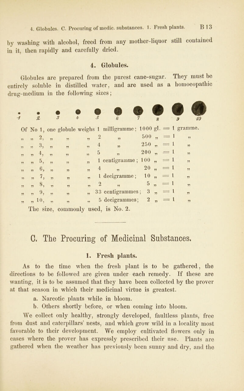 4. Globales. C. Procuring of medic. substances. 1. Fresh plants. by washing with alcohol, freed from any mother-liquor still contained in it, tlien rapidly and carefully dried. 4. Globales. Globales are prepared from tbe purest cane-sugar. Tliey must be entirely soluble in distilled water, and are used as a homoeopathic drug-medium in the following sizes; * St 3 * 5 H 1 * 9 1 Of No 1, one globale weighs l milligramme; 1000 gl* — 1 gram me 55 55 2, 55 55 55 2 500 55 — 1 55 55 55 3, 55 55 55 4 250 55 ■ 1 55 55 55 4, 55 55 55 5 ,5 200 55 = 1 55 55 55 5, 55 55 55 1 centigramme ; 100 55 ■ 1 55 55 55 6, 55 55 55 4 55 20 55 — 1 55 55 55 7, 55 55 55 l decigramme; 10 55 = 1 55 55 55 8, 55 55 55 2 5 55 — 1 55 55 55 9, 55 55 55 33 centigrammes ; 3 55 ■ 1 55 55 55 10, 55 55 55 5 decigrammes; 2 55 — l 55 Tbe size, commonly used, is No. 2. G. The Procuring of Medicinal Substances. 1. Fresli plants. As to tbe time wben the fresh plant is to be gathered, the directions to be followed are given under each remedy. If tbese are wanting, it is to be assumed that they have been collected by the prover at that season in whieh their medicinal virtue is greatest. a. Narcotic plants while in bloom. b. Others shortly before, or when coming into bloom. We collect only healthy, strongly developed, faultless plants, free from dust and Caterpillars’ nests, and whieh grow wild in a locality most favorable to their development. We employ cultivated flowers only in cases where the prover has expressly prescribed their use. Plants are gathered when the weather has previously been sunny and dry, and tbe