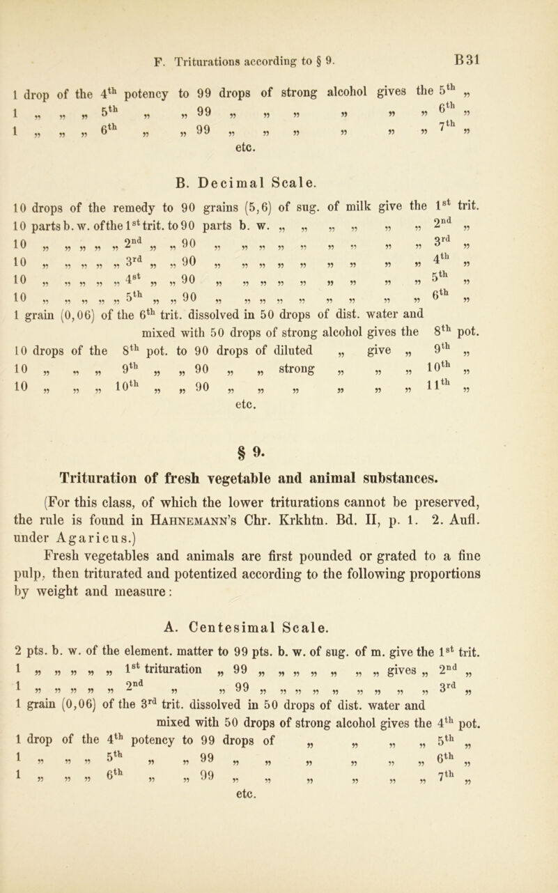 1 drop of the 4th potency to 99 drops of strong alcohol gives the 5tb „ 1 5th „ „99 „ „ „ „ „ « C „ 55 55 55 6th 55 55 u 55 55 „ 99 „ 99 55 55 55 55 55 55 55 55 55 55 55 7th 55 ' 55 etc. B. Decimal Scale. 10 drops of the remedy to 90 grains (5,6) of sug. of milk give the lst trit. 10 parts b. w. of the 1st trit. to 9 0 parts b. w. 55 55 55 55 55 55 2nd 55 10 „ ond 55 55 55 55 ^ 55 „ 90 55 55 55 55 55 55 55 55 55 3rd 55 10 „ Qrd 55 55 55 55 ° 55 „ 90 55 55 55 55 55 55 55 55 55 4Ü1 55 10 „ 4_st 55 55 55 55 ^ 55 „ 90 55 55 55 55 55 55 55 55 55 5th 55 10 „ r^th 55 55 55 55 ° 55 » 90 55 55 55 55 55 55 55 55 55 6‘h 55 L0 drops of the 8th pot. to 90 drops of diluted strong 10 10 55 55 55 55 „ 9tb 10th 55 55 55 55 55 90 90 55 55 55 55 55 55 55 55 water and gives the 8th give 55 9ih 55 55 10*1 55 55 llth 55 55 55 etc. § 9. Trituration of fresh vegetable and animal substances. (For this dass, of wliich the lower triturations cannot be preserved, the rule is found in Hahnemann’s Chr. Krkhtn. Bd. II, p. 1. 2. Aufl. under Agaricns.) Fresh vegetables and animals are first pounded or grated to a fine pulp, then triturated and potentized according to the following proportions by weight and measure: A. Centesimal Scale. 2 pts. b. w. of the element. matter to 99 pts. b. w. of sug. of m. give the lst trit. 1 55 55 55 55 55 I trituiation w99 „ „ „ „ „ „ „ gives „ 2nd „ 1 ond A 55 55 55 55 55 ^ 55 55 99 55 55 55 55 55 55 55 55 Qrd 55 ° 55 1 grain (0,06) of the 3rd trit. dissolved in 50 drops of dist. water and mixed with 50 drops of strong alcohol gives the 4th pot. 1 drop of the 4th potency to 99 drops of 1 1 55 55 55 5th 6th 55 55 55 99 99 55 55 55 55 55 55 55 55 55 55 55 55 55 xth 55 ° 55 6th 55 U 55 7th 55 1 55 55 55 55 55