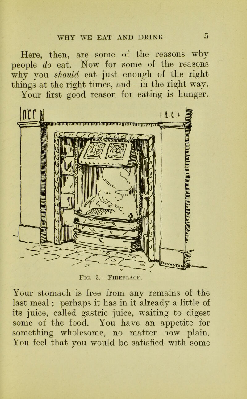 Here, then, are some of the reasons why people do eat. Now for some of the reasons why you should eat just enough of the right things at the right times, and—in the right way. Your first good reason for eating is hunger. Your stomach is free from any remains of the last meal; perhaps it has in it already a little of its juice, called gastric juice, waiting to digest some of the food. You have an appetite for something wholesome, no matter how plain. You feel that you would be satisfied with some
