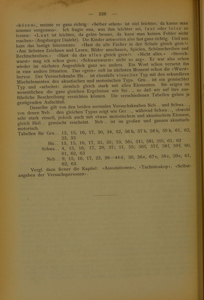 «hören», meinte er ganz richtig : «Selber sehen» ist viel leichter, da kanns man nimmer vergessen». Ich fragte nun, was ihm leichter sei, laut oder leise zu lernen: «Laut ist leichter, da gehts besser, da kann man keinen Fehler nicht machen» (Augsburger Dialekt). Die Kinder antworten also fast ganz richtig. Und nun kam das lustige Intermezzo. «Hast du alle Fächer in der Schule gleich gernr» «Am liebsten Zeichnen und Lesen, Bilder anschauen, Spielen, Schönschreiben und Rechtschreiben.» «Hast du das alles gleich gern?» «Nicht alles.» «Streich- wurst» mag ich schon gern; «Schwarzwurst» nicht so arg». Er war also schon wieder im nächsten Augenblick ganz wo anders. Ein Wort schon versetzt ihn in eine andere Situation. Das «gern» ruft im nächsten Moment schon die «Wurst» hervor. Der Versuchsknabe Hu., ist ebenfalls visueller Typ mit den sekundären Mischelementen des akustischen und motorischen Typs. Gru.. ist ein gemischter Typ und «arbeitet» ziemlich gleich stark mit allen Elementen. . Sie zeigen im wesentlichen die ganz gleichen Ergebnisse wie Sei . ., so daß wir auf ihre aus- führliche Beschreibung verzichten können. Die verschiedenen Tabellen geben ja genügenden Au gut ^ ^ beiden normalen Versuchsknaben Neb . . und Schwa , von denen Neb .. den gleichen Typus zeigt wie Ger .., während Schwa .. - obJ° sehr stark visuell, jedoch auch mit etwas motorischem und akustischem Eleme , gleich Heil., gemischt erscheint. Neb.. ist im großen und ganzen akustisch- motorisch. Tabellen für Gru 12, 15, 23, 33 Hu.. 13, 15, 16, Schwa.. 4, 15, 16, 61, 62, 63 Neb.. 9, 15, 16, 62, 63. Vergl. dazu ferner die Kapitel: angaben der Versuchspersonen». 16, 17, 30, 34, 52, 56 h, 57 h, 58 h, 59 h, 61, 62, 17, 31, 35; 53, 56i, 51 i, 58i, 59i, 61, 62 17, 29, 37; 51, 55; 56f, 57f, 58f, 59f, 17, 22, 38—44d; 50, «Assoziationen», 60, 61, 56e, 67e, 58e, 59e, «Tachistoskop», «Selbst-