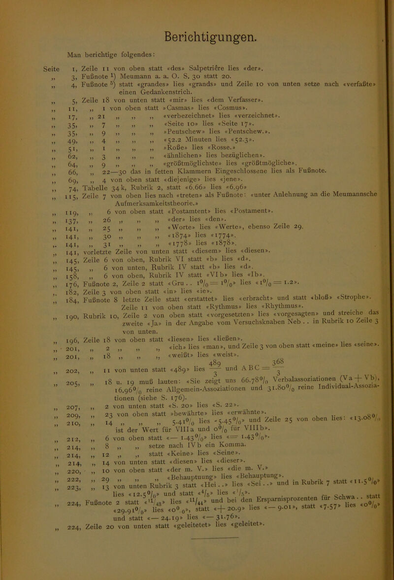 Seite ff ff ff » J ff )> >> ff J» ff »> ff > > >) >> >> >> f )> »> >> ff >» » >> >) J) >> »> ff >» n j> ff >1 ff ff ff »> »> >> n Berichtigungen. Man berichtige folgendes: i, Zeile ii von oben statt «des» SalpetriSre lies «der». 3, Fußnote *■) Meumann a. a. O. S. 30 statt 20. 4, Fußnote 5) statt «grandes» lies «grands» und Zeile 10 von unten setze nach «verfaßte» einen Gedankenstrich. Zeile 18 von unten statt «mir» lies «dem Verfasser». 1 von oben statt »Casmas» lies «Cosmus». 5. 11, 17. 35> 35. 49> 5i. 62, 64, 66, 69, 21 7 9 4 1 3 9 119, i37, 141, 141, 141, 141, 145- 145, i58, «verbezeichnet» lies «verzeichnet». «Seite 10» lies «Seite 17». »Peutschew» lies «Pentschew.». «52.2 Minuten lies «52.3». »Roße» lies «Rosse.» «ähnlichen» lies bezüglichen». «größtmöglichste» lies «größtmögliche». 22—30 das in fetten Klammern Eingeschlossene lies als Fußnote. 4 von oben statt «diejenige» lies «jene». 74, Tabelle 34k, Rubrik 2, statt «6.66» lies «6.96» 11 5, Zeile 7 von oben lies nach «treten» als Fußnote: «unter Anlehnung an die Meumannsche Aufmerksamkeitstheorie.» ,, 6 von oben statt «Postamtent» lies «Postament». „ 26 „ „ „ «der» lies «den». n 25 „ ,, ,, «Worte» lies «Werte», ebenso Zeile 29. „ 30 ,, ,, „ «i874» lies «1774». „ 31 „ „ „ «1778» lies «1878». vorletzte Zeile von unten statt «diesem» lies «diesen». Zeile 6 von oben, Rubrik VI statt «b» lies «d». „ 6 von unten, Rubrik IV statt «b» lies «d». ,, 6 von oben, Rubrik IV statt «VI b» lies «Ib». 176, Fußnote 2, Zeile 2 statt «Gru . . i%=i%» ües «i0/o==i-2>i 182, Zeile 3 von oben statt «in» lies «ie». 184, Fußnote 8 letzte Zeile statt «erstattet» lies «erbracht» und statt «bloß» «Strophe». Zeile 11 von oben statt «Rythmus» lies «Rhythmus». 190, Rubrik 10, Zeile 2 von oben statt «Vorgesetzten» lies «vorgesagten» und streiche das zweite «Ja» in der Angabe vom Versuchsknaben Neb . . in Rubrik 10 Zeile 3 von unten. 196, Zeile 18 von oben statt «liesen» lies «ließen». 2 )t )5 «ich» lies «man», und Zeile 3 von oben statt «meine» lies «seine». x8 ,, „ ,, «weißt» lies «weist». 489 nr._368 11 von unten statt «489» lies und ABC— ^ 18 u. 19 muß lauten: «Sie zeigt uns 66.78»/,, Verbalassoziationen (Va + Vb), 16.96% reine Allgemein-Assoziationen und 31.80% reine Individual-Assozia- tionen (siehe S. 176)- 2 von unten statt «S. 20» lies «S. 22». 23 von oben statt »bewährte» lies «erwähnte». I4 n „ „ 5.41%, lies '5.45%» und Zeile 25 von oben lies: «ij.ob /„ ist der Wert für Villa und 0% für VHIb». 6 von oben statt «— 1.43%* l'es *-43° o*’ 8 n setze nach IVb ein Komma. 12 „ ,, statt «Keine» lies «Seine». 14 von unten statt «diesen» lies «dieser». 10 von oben statt «der m. V.» lies «die m. \ .» -pn «Behauptuung» lies «Behauptung». 13 von unten Rubrik 3 statt «Hei..» lies «Sei..» und in Rubrik 7 statt «11.5 “ und statt «%» lies «'/?,»• 201, 201, 202, 205, 207, 209, 210, 212, 214, 214, 214, 220, 222, 223, 224, Fl lies «12.5°/,)» U1IU SUHL »-/6' **■““ - „ . . r... c-Vimra cfatt Fußnote 2 statt «'%3> des «U/44» und bei den Erspam.sprozenten für^^Schwa. . st «29.91%» lies «o°0», statt «-+- 20.9» lies «—9.01», statt «7.57 ^ 0 und statt «—24.19» lies «—31.76». 224, Zeile 20 von unten statt «geleitetet» lies «geleitet».