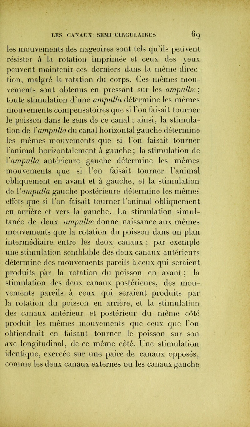 les mouvements des nageoires sont tels qu’ils peuvent résister à la rotation imprimée et ceux des yeux peuvent maintenir ces derniers dans la même direc- tion, malgré la rotation du corps. Ces mêmes mou- vements sont obtenus en pressant sur les ampullæ ; toute stimulation d’une ampulla détermine les mêmes mouvements compensatoires que si l’on faisait tourner le poisson dans le sens de ce canal ; ainsi, la stimula- tion de Y ampulla du canal horizontal gauche détermine les mêmes mouvements que si l’on faisait tourner l’animal horizontalement à gauche ; la stimulation de Y ampulla antérieure gauche détermine les mêmes mouvements que si l’on faisait tourner l’animal obliquement en avant et à gauche, et la stimulation de Y ampulla gauche postérieure détermine les mêmes effets que si l’on faisait tourner l’animal obliquement en arrière et vers la gauche. La stimulation simul- tanée de deux ampullæ donne naissance aux mêmes mouvements que la rotation du poisson dans un plan intermédiaire, entre les deux canaux ; par exemple une stimulation semblable des deux canaux antérieurs détermine des mouvements pareils à ceux qui seraient produits par la rotation du poisson en avant ; la stimulation des deux canaux postérieurs, des mou- vements pareils à ceux qui seraient produits par la rotation du poisson en arrière, et la stimulation des canaux antérieur et postérieur du même côté produit les mêmes mouvements que ceux que l’on obtiendrait en faisant tourner le poisson sur son axe longitudinal, de ce même côté. Une stimulation identique, exercée sur une paire de canaux opposés, comme les deux canaux externes ou les canaux gauche