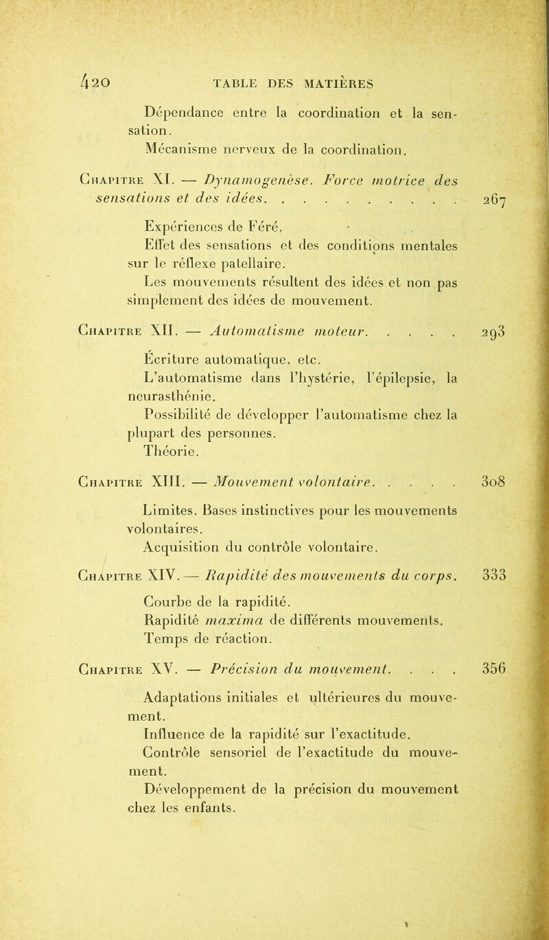 Dépendance entre la coordination et la sen- sation . Mécanisme nerveux de la coordination. Chapitre XI. — Dynamo genèse. Force motrice des sensations et des idées 267 Expériences de Féré. Effet des sensations et des conditions mentales sur le réflexe patellaire. Les mouvements résultent des idées et non pas simplement des idées de mouvement. Chapitre XII. — Automatisme moteur 293 Ecriture automatique, etc. L’automatisme dans l’hystérie, l’épilepsie, la neurasthénie. Possibilité de développer l’automatisme chez la plupart des personnes. Théorie. Chapitre XIII. — Mouvement volontaire 3o8 Limites. Bases instinctives pour les mouvements volontaires. Acquisition du contrôle volontaire. Chapitre XIV.— Rapidité des mouvements du corps. 333 Courbe de la rapidité. Rapidité maxima de differents mouvements. Temps de réaction. Chapitre XV. — Précision du mouvement. . . . 356 Adaptations initiales et ultérieures du mouve- ment. Influence de la rapidité sur l’exactitude. Contrôle sensoriel de l’exactitude du mouve- ment. Développement de la précision du mouvement chez les enfants.