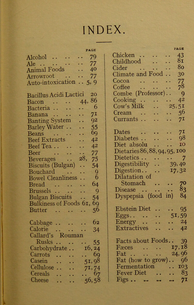 INDEX. PAGE Alcohol 79 Ale 77 Animal Foods .. 4° Arrowroot .. . • 77 Auto-intoxication .. 5, 9 Bacillus Acidi Lactici 20 Bacon . • • • 44> 86 Bacteria 6 Banana 71 Banting System .. 92 Barley Water .. .. 55 Beans 69 Beef Extracts .. 42 Beef Tea 42 Beer 77 Beverages .. 28, 75 Biscuits (Bulgan) .. 54 Bouchard .. . • 9 Bowel Cleanliness .. 6 Bread 64 Brussels 9 Bulgan Biscuits .. 54 Bulkiness of Foods 61, 69 Butter 56 Cabbage 62 Calorie 34 Callard’s Rouman Rusks 55 Carbohydrate .. 16,24 Carrots 69 Casein .. .. 51,98 Cellulose .. .. 71,74 Cereals 67 Cheese .. .. 56,58 PAGE Chicken 43 Childhood .. .. 81 Cider 80 Climate and Food .. 30 Cocoa 77 Coffee 78 Combe (Professor).. 9 Cooking 42 Cow's Milk .. 25,51 Cream 56 Currants 71 Dates 71 Diabetes 98 Diet absolu .. .. 10 Dietaries 86,88,94,95,100 Dietetics 7 Digestibility .. 39,40 Digestion.. .. 17,32 Dilatation of Stomach .. .. 70 Disease 83 Dyspepsia (food in) 84 Ebstein Diet .. .. 95 Eggs 51,59 Energy 24 Extractives .. .. 42 Facts about Foods.. 39 Faeces .. .. 17, 1° Fat 24,96 Fat (how to grow).. 96 Fermentation .. 103 Fever Diet .. .. 83 Figs 71