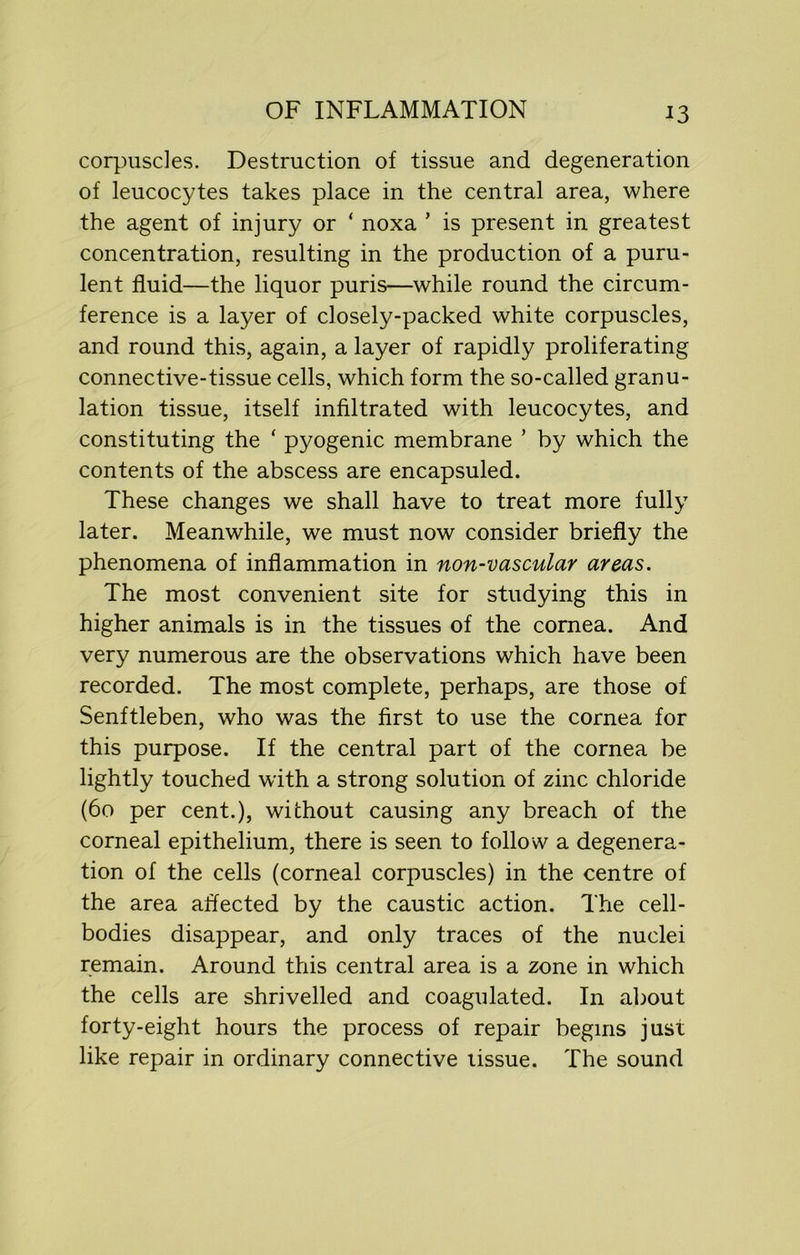 corpuscles. Destruction of tissue and degeneration of leucocytes takes place in the central area, where the agent of injury or ‘ noxa ’ is present in greatest concentration, resulting in the production of a puru- lent fluid—the liquor puris—while round the circum- ference is a layer of closely-packed white corpuscles, and round this, again, a layer of rapidly proliferating connective-tissue cells, which form the so-called granu- lation tissue, itself infiltrated with leucocytes, and constituting the ‘ pyogenic membrane ’ by which the contents of the abscess are encapsuled. These changes we shall have to treat more fully later. Meanwhile, we must now consider briefly the phenomena of inflammation in non-vascular areas. The most convenient site for studying this in higher animals is in the tissues of the cornea. And very numerous are the observations which have been recorded. The most complete, perhaps, are those of Senftleben, who was the first to use the cornea for this purpose. If the central part of the cornea be lightly touched with a strong solution of zinc chloride (60 per cent.), without causing any breach of the corneal epithelium, there is seen to follow a degenera- tion of the cells (corneal corpuscles) in the centre of the area affected by the caustic action. The cell- bodies disappear, and only traces of the nuclei remain. Around this central area is a zone in which the cells are shrivelled and coagulated. In about forty-eight hours the process of repair begins just like repair in ordinary connective tissue. The sound