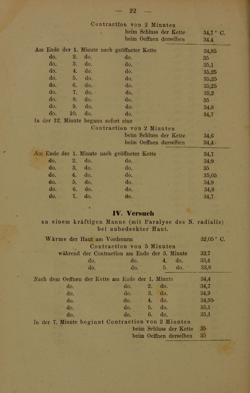 Contraction von 2 Minuten / beim Schluss der Kette 34,7 0 C. - beim Oeffnen derselben 34,4 Am Ende der 1. Minute nach geöffneter Kette 34,85 do. 2. do. do. 35 do. 3. do. do. 35,1 do. 4. do. do. 35,25 do. 5. do. do. 35,25 do. 6. do. do. 35,25 do. 7. do. do. 35,2 do. 8. do. do. 35 do. 9. do. do. 34,8 do. 10. do. do. 34,7 Ja der 12. Minute begann sofort eine Contraction von 2 Minuten beim Schluss der Kette 34,6 beim Oeffnen derselben 34,4. Am Ende der 1. Minute nach geöffneter Kette 34,7 do. 2. do. do. 34,9 do. 3. do. do. 35 do. 4. do. do. 35,05 do. 5. do. do. 34,9 do. 6. do. do. 34,8 do. 7. do. do. 34,7 % IV. Versuch an einem kräftigen Manne (mit Paralyse des N. radialis) be i unbedeckter Haut. Wärme der Haut am Vorderarm 32,05° C. Contraction von 5 Minuten während der Contraction am Ende der 3. Minute 32,7 do. do. 4. do. 33,4 do. do. 5. do. 33,8 Nach dem Oeffnen der Kette am Ende der 1. Minute 34,4 do. do. 2. do. 34,7 do. do. 3. do. 34,9 do. do. 4. do. 34,95 do. do. 5. do. 35,1 do. do. 6. do. 35,1 In der 7. Minute beginnt Contraction von 2 Minuten beim Schluss der Kette 35