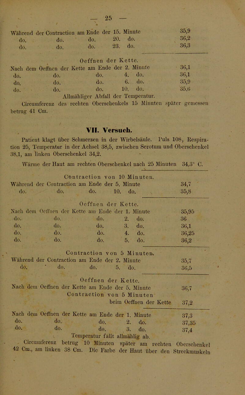 Während der Contraction am Ende der 15. Minute do. do. do. 20. do. do. do. do. 23. do. 35,9 36.2 36.3 Oeffnen der Kette. Nach dem Oeffnen der Kette am Ende der • 2. Minute 36,1 do. do. do. 4. do. 36,1 do. do. do. 6. do. 35,9 do. do. do. 10. do. 35,6 Allmähliger Abfall der Temperatur. Circumfercnz des rechten Oberschenkels 15 Minuten später gemessen betrug 41 Om. VII. Versuch. Patient klagt über Schmerzen in der Wirbelsäule. Puls 108, Respira- tion 25, Temperatur in der Achsel 38,5, zwischen Scrotum und Oberschenkel 38,1, am linken Oberschenkel 34,2. Wärme der Haut am rechten Oberschenkel nach 25 Minuten 34,3 C. Contraction von 10 Minuten. Während der Contraction am Ende der 5. Minute 34,7 do. do, do. 10. do. 35,8 Oeffnen der Kette. Nach dem Oeffnen der Kette am Ende der 1. Minute 35,95 do. do. do. 2. elo. 36 do. do. do. 3. do. 36,1 do. do. do. 4. do. 36,25 do. do. do. 5. do. 36,2 Contraction von 5 Minuten. Während der Contraction am Ende der 2. Minute 35,7 do. * do. do. 5. do. 36,5 Oeffnen der Kette. Nach dem Oeffnen der Kette am Ende der 5. Minute 36,7 Contraction von 5 Minuten beim Oeffnen der Kette 37,2 Nach dem Oeffnen der Kette am Ende der 1. Minute 37 3 do- do- do. 2. do. 37,35 d°* do. do. 3. do. 37,4 Temperatur fällt allmählig ab. Gircumferenz betrug 10 Minuten später am rechten Oberschenkel 42 Cm., am linken 38 Cm. Die Farbe der Haut über den Streckmuskeln