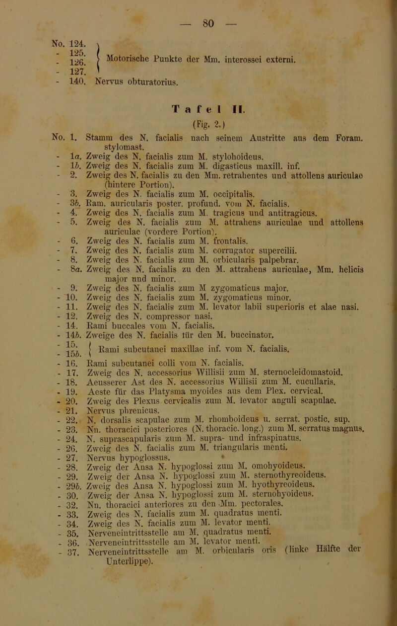 No. 124. - 125. - 126. - 127. - 140. > Motorische Punkte der Mm. interossei externi. Nervus obturatorius. T afel II. (Fig. 2.) No. 1. Stamm des N. facialis nach seinem Austritte aus dem Foram. stylomast. - la. Zweig des N. facialis zum M. stylohoideus. - 15. Zweig des N. facialis zum M. digasticus maxill. inf. - 2. Zweig des N. facialis zu den Mm. retrahentes und attollen3 auriculao (hintere Portion). - 3. Zweig des N. facialis zum M. occipitalis. - 35. Ram. auricularis poster. profund, vom N. facialis. - 4. Zweig des N. facialis zum M. tragicus und antitragicus. - 5. Zweig des N. facialis zum M. attrahens auriculae und attollens auriculac (vordere Portion). - 6. Zweig des N. facialis zum M. frontalis. - 7. Zweig des N. facialis zum M. corrugator supercilii. - 8. Zweig des N. facialis zum M. orbicularis palpebrar. - 8a. Zweig des N. facialis zu den M. attrahens auriculae, Mm. helicis major und minor. - 9. Zweig des N. facialis zum M zygomaticus major. - 10. Zweig des N. facialis zum M. zygomaticus minor. - 11. Zweig des N. facialis zum M. levator labii superioris et alae nasi. - 12. Zweig des N. compressor nasi. - 14. Rami buccales vom N. facialis. - 145. Zweige des N. facialis tür den M. buccinator, 155 ! ^am' subcutauei maxillae inf. vom N. facialis. - 16. Rami subcutanei colli vom N. facialis. - 17. Zweig des N. accessorius Willisii zum M. sternocleidomastoid. - 18. Aeusserer Ast des N. accessorius Willisii zum M. cucullaris. - 19. Aeste für das Platysma myoides aus dem Plex. cervical. - 20. Zweig des Plexus cervicalis zum M. levator anguli scapulae. - 21. Nervus phrenicus. - 22. N. dorsalis scapulae zum M. rhomboideus u. serrat. postic. sup. - 23. Nn. thoracici posteriores (N. thoracic, long.) zum M. serratus magnus. - 24. N. suprascapularis zum M. supra- und infraspinatus. - 26. Zweig des N. facialis zum M. triangularis menti. - 27. Nervus hypoglossus. ♦ - 28. Zweig der Ansa N. hypoglossi zum M. omohyoideus. - 29. Zweig der Ansa N. hypoglossi zum M. sternothyreoideus. - 295. Zweig des Ansa N. hypoglossi zum M. hyothyreoideus. - 30. Zweig der Ansa N. hypoglossi zum M. sternohyoideus. - 32. Nn. thoracici anteriores zu den .Mm. pectorales. - 33. Zweig des N. facialis zum M. quadratus menti. - 34. Zweig des N. facialis zum M. levator menti. - 35. Nerveneintrittsstelle am M. quadratus menti. - 36. Nerveneintrittsstelle am M. levator menti. - 37. Nerveneintrittsstelle am M. orbicularis oris (linke Hälfte der Unterlippe).