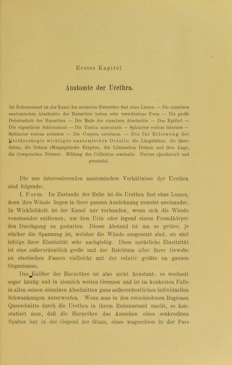 Erstes Kapitel. Anatomie der Urethra. Im Euhezustaud ist der Kanal der normalen Harnröhre fast ohne Lumen — Die einzelnen anatomischen Absöhnitte der Harnröhre haben sehr verschiedene Form — Die große Dehnbarkeit der Harnröhre — Die Maße der einzelnen Abschnitte — Das Epithel — Die eigentliche Schleimhaut — Die Tnuica muscnlaris — Sphincter vesicae internus — Sphincter vesicae externus — Die Corpora cavernosa — Die für Erlernung der yrethroskopie wichtigen anatomischen Details: die Längsfalteu, die Quer- falten, die Drüsen (Morgagnische Kr3'pteu, die Littreschen Drüsen und ihre Lage, die Cowperschen Drüsen). Bildung des Colliculus seminalis. Ductus ejaculatorii und prostatici. Die uns interessierenden anatomischen Verhältnisse der Urethra sind folgende: I. F orm. Im Zustande der Ruhe ist die Urethra fast ohne Lumen, denn ihre Wände liegen in ihrer ganzen Ausdehnung zumeist aneinander. In Wirklichkeit ist der Kanal nur vorhanden, wenn sich die Wände voneinander entfernen, um dem Urin oder irgend einem Fremdkörper den Durchgang zu gestatten. Dieser Abstand ist um so größer, je stärker die Spannung ist, welcher die Wände ausgesetzt sind; sie sind infolge ihrer Elastizität sehr nachgiebig. Diese natürliche Elastizität ist eine außerordentlich große und der Reichtum aller ihrer Gewebe an elastischen Fasern vielleicht mit der relativ größte im ganzen Organismus. Das^valiber der Harnröhre ist also nicht konstant; es wechselt sogar häufig und in ziemlich weiten Grenzen und ist im konkreten Falle in allen seinen einzelnen Abschnitten ganz außerordentlichen individuellen Schwankungen unterworfen. Wenn man in den verschiedenen Regionen Querschnitte durch die Urethra in ihrem Ruhezustand macht, so kon- statiert man, daß die Harnröhre das Aussehen eines senkrechten Spaltes hat in dei- Gegend der Glans, eines wagrechten in der Pars