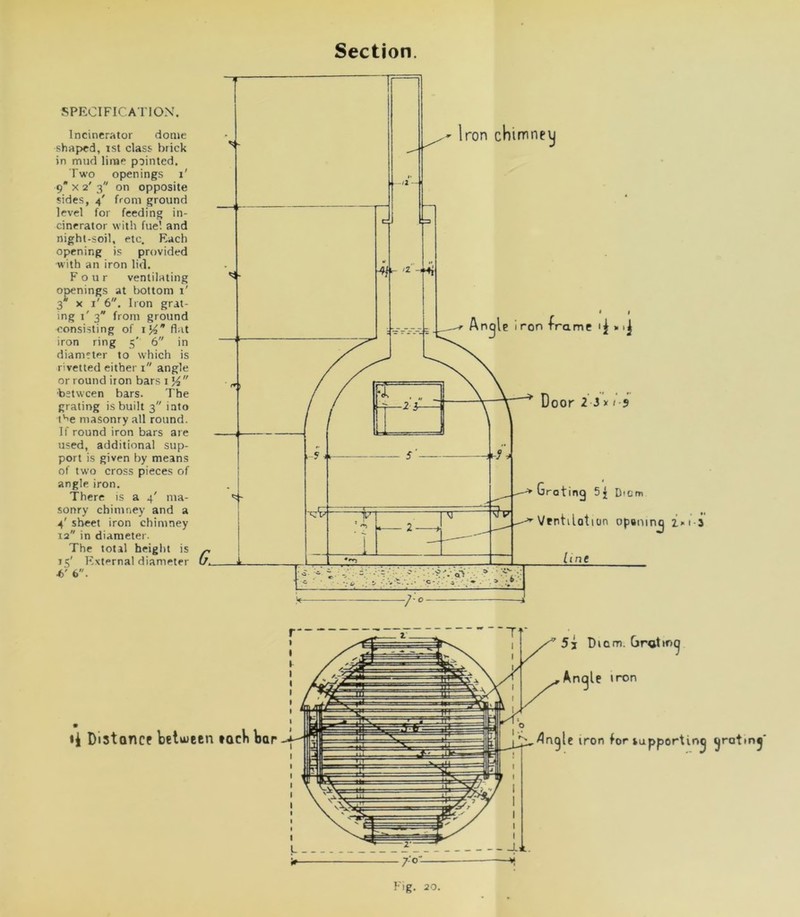 Section. SPECIFICATION'. Incinerator dome shaped, ist class brick in mud lime pointed. Two openings i' 9* x 2' 3 on opposite sides, 4' front ground level for feeding in- cinerator with fuel and night-soil, etc. Each opening is provided ■with an iron lid. Four ventilating openings at bottom 1' 3 x T 6. Iron grat- ing t' 3 front ground consisting of i^'flat iron ring 5' 6 in diameter to which is rivetted either 1 angle or round iron bars 1 y2 ■between bars. The grating is built 3 into t^e masonry all round. If round iron bars are used, additional sup- port is given by means of two cross pieces of angle iron. There is a 4' ma- sonry chimney and a 4' sheet iron chimney 12 in diameter. The total height is 15' External diameter 4>' 6. L - 7-0- Fig. 20.