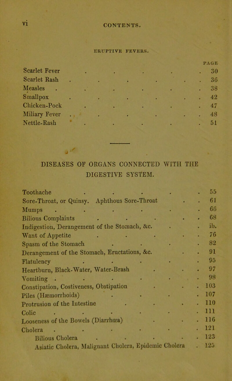 ERUPTIVE FEVERS. PAGE Scarlet Fever . . . . .30 Scarlet Rash . . . . 36 Measles . . . . . .38 Smallpox . . . . 42 Chicken-Pock . . . . .47 Miliary Fever . . . . . . 48 Nettle-Rash * . . . .51 • , . DISEASES OF ORGANS CONNECTED WITH THE DIGESTIVE SYSTEM. Toothache . . . . .55 Sore-Throat, or Quinsy. Aphthous Sore-Throat . . 61 Mumps . . . . • .66 Bilious Complaints . . • . . 68 Indigestion, Derangement of the Stomach, &c. . . ib. Want of Appetite . . . . . 76 Spasm of the Stomach . . • .82 Derangement of the Stomach, Eructations, &c. . . 91 Flatulency . • • • .95 Heartburn, Black-Water, Water-Brash . 97 Vomiting . • • • • .98 Constipation, Costiveness, Obstipation . . . 103 Piles (Haemorrhoids) .... 107 Protrusion of the Intestine . . . . 110 Colic . • • • • .111 Looseness of the Bowels (Diarrhoea) . . . 116 Cholera ..•••• 121 Bilious Cholera . . • . . 123 Asiatic Cholera, Malignant Cholera, Epidemic Cholera . 125