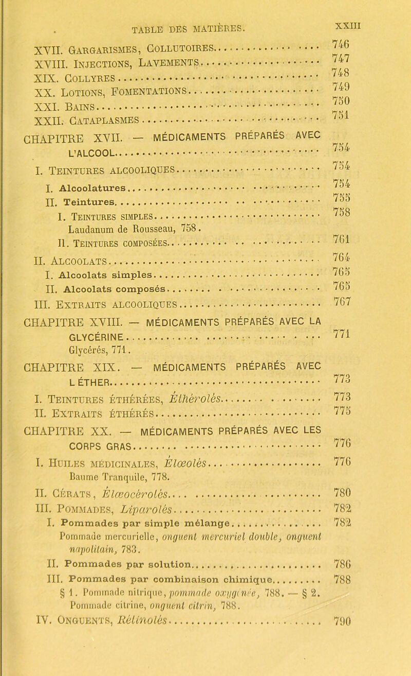 XYII. Gargarismes, Collutoires XVIII. Injections, Lavements XIX. Collyres XX. Lotions, Fomentations XXL Bains XXII. Cataplasmes — CHAPITRE XVII. — MÉDICAMENTS PRÉPARÉS AVEC L’ALCOOL I. Teintures alcooliques I. Alcoolatures IL Teintures I. Teintures simples Laudanum de Rousseau, 758. II. Teintures composées. • • IL Alcoolats I. Alcoolats simples II. Alcoolats composés • III. Extraits alcooliques CHAPITRE XVIII. — MÉDICAMENTS PRÉPARÉS AVEC LA GLYCÉRINE : Glycérés, 771. CHAPITRE XIX. — MÉDICAMENTS PRÉPARÉS AVEC L ÉTHER I. Teintures éthérées, Eihérolés II. Extraits éthérés CHAPITRE XX. — MÉDICAMENTS PRÉPARÉS AVEC LES CORPS GRAS I. Huiles médicinales, Elœolés Baume Tranquile, 778. IL CÉRATS, Elœocérolôs III. Pommades, Liparolés I. Pommades par simple mélange . • . Pommade mercurielle, onguent mercuriel double, onguent napolitain, 783. IL Pommades par solution III. Pommades par combinaison chimique § 1. Pommade riilrique, pommade oxggiiiée, 788. — § 2. Pommade cilriue, onguent citrin, 788. IV. Onguents, RèLinolés 746 747 748 749 750 751 754 754 754 755 758 761 764 765 765 767 771 773 773 775 776 776 780 78^2 782 786 788 790