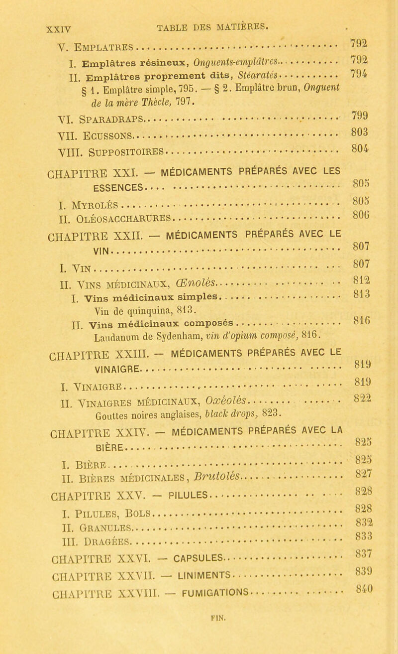 V. Emplâtres I. Emplâtres résineux, Onguents-empîâtres.. IL Emplâtres proprement dits, Stéaratés § 1. Emplâtre simple,795. — § 2. Emplâtre brun, Onguent de la mère Thècle, 797. VI. Sparadraps VII. Ecussons VIII. Suppositoires CHAPITRE XXL — MÉDICAMENTS PRÉPARÉS AVEC LES ESSENCES I. Myrolés • IL Oléosaccharures CHAPITRE XXII. — MÉDICAMENTS PRÉPARÉS AVEC LE VIN I. Vin IL Vins médicinaux, Œnolés I. Vins médicinaux simples Vin de quinquina, 813. IL Vins médicinaux composés Laudanum de Sydenham, vin d’opium composé, 816. CHAPITRE XXIII. — MÉDICAMENTS PRÉPARÉS AVEC LE VINAIGRE I. Vinaigre IL Vinaigres médicinaux, Oxéolés • • Gouttes noires anglaises, blaclc drops, 823. CHAPITRE XXIV. — MÉDICAMENTS PRÉPARÉS AVEC LA BIÈRE I. Bière IL Bières médicinales, Brutolés CHAPITRE XXV. - PILULES I. Pilules, Bols IL Granules III. Dragées CHAPITRE XXVI. — CAPSULES CHAPITRE XXVn. — LINIMENTS CHAPITRE XXVHl. — FUMIGATIONS 792 792 794 799 803 804 803 803 806 807 807 812 813 810 819 819 822 823 823 827 828 828 832 833 837 839 840 FIN.