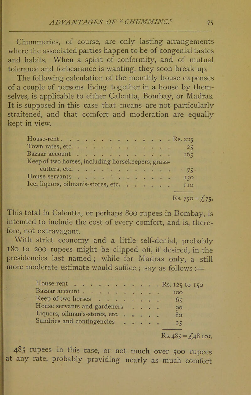 Chummeries, of course, are only lasting arrangements where the associated parties happen to be of congenial tastes and habits. When a spirit of conformity, and of mutual tolerance and forbearance is wanting, they soon break up. The following calculation of the monthly house expenses of a couple of persons living together in a house by them- selves, is applicable to either Calcutta, Bombay, or Madras. It is supposed in this case that means are not particularly straitened, and that comfort and moderation are equally kept in view. House-rent Rs. 225 Town rates, etc 25 Bazaar account 165 Keep of two horses, including horsekeepers, grass- cutters, etc 75 House servants . . . . 150 Ice, liquors, oilman’s-stores, etc no Rs. 750 = ^75- This total in Calcutta, or perhaps 800 rupees in Bombay, is intended to include the cost of every comfort, and is, there- fore, not extravagant. With strict economy and a little self-denial, probably 180 to 200 rupees might be clipped off, if desired, in the presidencies last named ; while for Madras only, a still more moderate estimate would suffice ; say as follows :— House-rent Rs. 125 to 150 Bazaar account 100 Keep of two horses 65 House servants and gardeners .... 90 Liquors, oilman’s-stores, etc 80 Sundries and contingencies . . . . Rs. 48 5=^48 1 or. 485 rupees in this case, or not much over 500 rupees at any rate, probably providing nearly as much comfort