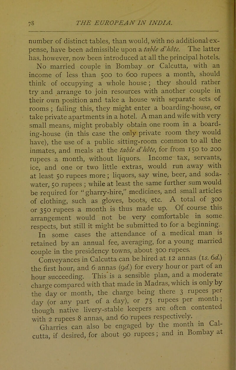 number of distinct tables, than would, with no additional ex- pense, have been admissible upon a table d'hote. The latter has, however, now been introduced at all the principal hotels. No married couple in Bombay or Calcutta, with an income of less than 500 to 600 rupees a month, should think of occupying a whole house ; they should rather try and arrange to join resources with another couple in their own position and take a house with separate sets of rooms ; failing this, they might enter a boarding-house, or take private apartments in a hotel. A man and wife with very small means, might probably obtain one room in a ooard- ing-house (in this case the only private room they would have), the use of a public sitting-room common to all the inmates, and meals at the table d'hote, for from 150 to 200 rupees a month, without liquors. Income tax, servants, ice, and one or two little extras, would run away with at least 50 rupees more; liquors, say wine, beer, and soda- water, 50 rupees ; while at least the same further sum would be required for “ gharry-hire,” medicines, and small articles of clothing, such as gloves, boots, etc. A total of 300 or 350 rupees a month is thus made up. Of course this arrangement would not be very comfortable in some respects, but still it might be submitted to for a beginning. In some cases the attendance of a medical man is retained by an annual fee, averaging, for a young married couple in the presidency towns, about 300 rupees. Conveyances in Calcutta can be hired at 12 annas (ij. 6d.) the first hour, and 6 annas (9d.) for every hour or part of an hour succeeding. This is a sensible plan, and a moderate charge compared with that made in Madras, which is only by the day or month, the charge being there 3 rupees per day (or any part of a day), or 75 rupees per month ; though native livery-stable keepers are often contented with 2 rupees 8 annas, and 60 rupees lespectively. . Gharries can also be engaged by the month in Cal- cutta, if desired, for about 90 rupees; and in Bombay at