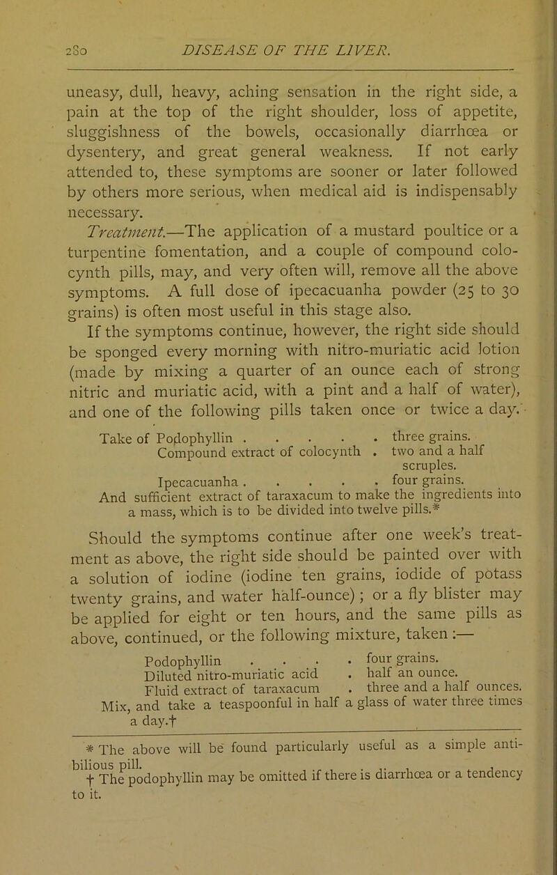 uneasy, dull, heavy, aching sensation in the right side, a pain at the top of the right shoulder, loss of appetite, sluggishness of the bowels, occasionally diarrhoea or dysentery, and great general weakness. If not early attended to, these symptoms are sooner or later followed by others more serious, when medical aid is indispensably necessary. Treatment.—The application of a mustard poultice or a turpentine fomentation, and a couple of compound colo- cynth pills, may, and very often will, remove all the above symptoms. A full dose of ipecacuanha powder (25 to 30 grains) is often most useful in this stage also. If the symptoms continue, however, the right side should be sponged every morning with nitro-muriatic acid lotion (made by mixing a quarter of an ounce each of strong nitric and muriatic acid, with a pint and a half of water), and one of the following pills taken once or twice a day. Take of Podophyllin three grains. Compound extract of colocynth . two and a half scruples. Ipecacuanha ..... four grains. And sufficient extract of taraxacum to make the ingredients into a mass, which is to be divided into twelve pills.* Should the symptoms continue after one week’s treat- ment as above, the right side should be painted ovei with a solution of iodine (iodine ten grains, iodide of potass twenty grains, and water half-ounce); or a fly blistei may be applied for eight or ten hours, and the same pills as above, continued, or the following mixture, taken Podophyllin ... • .four grains. Diluted nitro-muriatic acid . half an ounce. Fluid extract of taraxacum . three and a half ounces. Mix, and take a teaspoonful in half a glass of water three times a day.f * The above will be found particularly useful as a simple anti- bilious pill. , , f The podophyllin may be omitted if there is diarrhoea or a tendency to it.