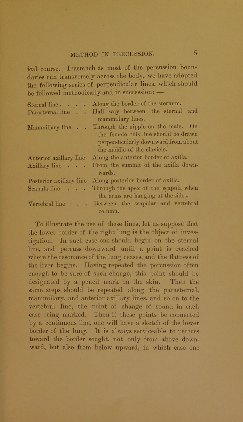 ical course. Inasmuch as most of the percussion boun- daries run transversely across the body, we have adopted the following series of perpendicular lines, which should be followed methodically and in succession: — •Sternal line.... Parasternal line Mammillary line . . Anterior axillary line Axillary line . . . Posterior axillary line Scapula line . . . Vertebral line . . . Along the border of the sternum. Half way between the sternal and mammillary lines. Through the nipple on the male. On the female this line should be drawn perpendicularly downward from about the middle of the clavicle. Along the anterior border of axilla. From the summit of the axilla down- wards. Along posterior border of axilla. Through the apex of the scapula when the arms are hanging at the sides. Between the scapular and vertebral column. To illustrate the use of these lines, let us suppose that the lower border of the right lung is the object of inves- tigation. In such case one should begin on the sternal line, and percuss downward until a point is reached where the resonance of the lung ceases, and the flatness of the liver begins. Having repeated the percussion often enough to be sure of such change, this point should he designated by a pencil mark on the skin. Then the same steps should be repeated along the parasternal, mammillary, and anterior axillary lines, and so on to the vertebral line, the point of change of sound in each case being marked. Then if these points be connected by a continuous line, one will have a sketch of the lower border of the lung. It is always serviceable to percuss toward the border sought, not only from above down- ward, but also from below upward, in which case one