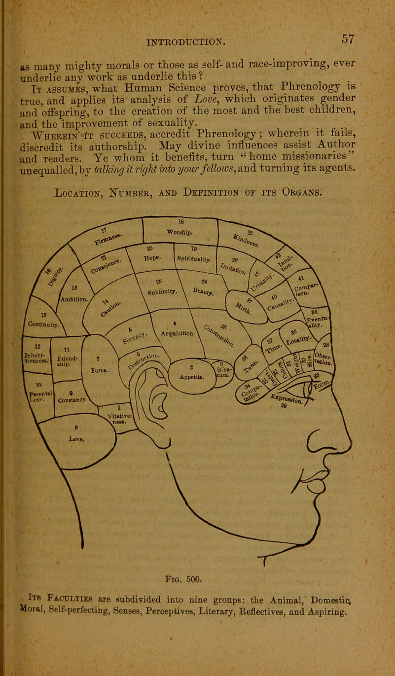 as many mighty morals or those as self- and race-improving, ever underlie any work as underlie this ? It assumes, what Human Science proves, that Phrenology is true, and applies its analysis of Love, which originates gender and offspring, to the creation of the most and the best children, and the improvement of sexuality. Wherein It succeeds, accredit Phrenology; wherein it fails, discredit its authorship. May divine influences assist Author and readers. Ye whom it benefits, turn “home missionaries’’ unequalled, by talking it right into your fellows, and turning its agents. Location, Humber, and Definition of its Organs. Its Faculties are subdivided into nine groups: the Animal, Domestic, Moral, Self-perfecting, Senses, Perceptives, Literary, Reflective?, and Aspiring.