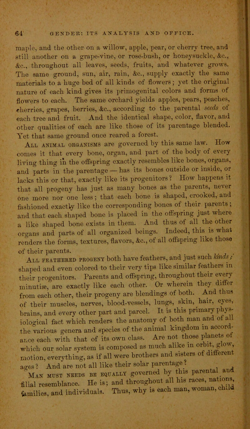 maple, and the other on a willow, apple, pear, or cherry tree, and still another on a grape-vine, or rose-bush, or honeysuckle, &c., &c., throughout all leaves, seeds, fruits, and whatever grows. The same ground, sun, air, rain, &c., supply exactly the same materials to a huge bed of all kinds of flowers; yet the original nature of each kind gives its primogenital colors and forms of flowers to each. The same orchard yields apples, pears, peaches, cherries, grapes, berries, &c., according to the parental seeds of each tree and fruit. And the identical shape, color, flavor, and other qualities of each, are like those of its parentage blended. Yet that same ground once reared a forest. All animal organisms are governed by this same law. How comes it that every bone, organ, and part of the body of every living thing in the offspring exactly resembles like bones, organs, and parts in the parentage — has its bones outside or inside, or lacks this or that, exactly like its progenitors ? How happens it that all progeny has just as many bones as the parents, never One more nor one less; that each bone is shaped, crooked, and fashioned exactly like the corresponding bones of their parents ; and that each shaped bone is placed in the offspring just where a like shaped bone exists in them. And thus of all the other organs and parts of all organized beings. Indeed, this is what renders the forms, textures, flavors, &c., of all offspring like those of their parents. . , All feathered progeny both have feathers, and just such kinds; shaped and even colored to their very tips like similar feathers in their progenitors. Parents and offspring, throughout their every minutiae, are exactly like each other. Or wherein they difler from each other, their progeny are blendings of both. And thus of their muscles, nerves, blood-vessels, lungs, skin, hair, eyes, brains, and every other part and parcel. It is this primary ph} s- iological fact whicli renders the anatomy of both man and ot all the various genera and species of the animal kingdom in aceort ance each with that of its own class. Are not those planets ot which our solar system is composed as much alike in or ^ S ow’ motion, everything, as if all were brothers and sisters o 1 eren ages ? And are not all like their solar parentage . Man must needs be equally governed by this parental and filial resemblance. He is; and throughout all his races, nations families, and individuals. Thus, why is each man, woman, clul
