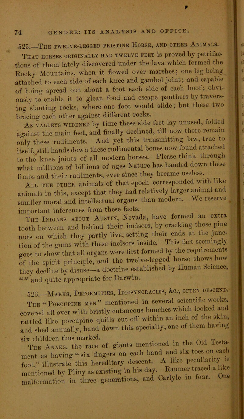 525. The twelve-legged pristine Horse, and other Animals. That horses originally had twelve feet is proved by petrifac- tions of them lately discovered under the lava which formed the Rocky Mountains, when it flowed over marshes; one leg being attached to each side of each knee and gambol joint; and capable of being spread out about a foot each side of each hoof; obvi- ously to enable it to glean food and escape panthers by travers- ing slanting rocks, where one foot would slide; but these two bracing each other against different rocks. As valleys widened by time these side feet lay unused, folded ao-ainst the main feet, and finally declined, till now there remain only these rudiments. And yet this transmitting law, true to itself, still hands down these rudimental bones now found attached to the knee joints of all modern horses. Please think through what millions of billions of ages Nature has handed down these limbs and their rudiments, ever since they became useless. All the other animals of that epoch corresponded with like animals in this, except that they had relatively larger animal and smaller moral and intellectual organs than modern. We reserve important inferences from these facts. The Indians about Austin, Nevada, have formed an extra tooth between and behind their incisors, by cracking those pine nuts on which they partly live, setting their ends at the junc- tion of the gums with these incisors inside. This fact seemingly o-oes to show that all organs were first formed by the requirements of the spirit principle, and the twelve-legged horse shows how they decline by disuse—a doctrine established by Human lienee, w-55 and quite appropriate for Darwin. 526. Marks, Deformities, Idiosyncracies, &c., often descend. The “ Porcupine men” mentioned in several scientific works covered all over with bristly cutaneous bunches which looked am rattled like porcupine quills cut off within an inch of the skin and shed annually, hand down this specialty, one of them hav mg six children thus marked. „ The Anaks, the race of giants mentioned in the Old fiesta, mant as having “ six fingers on each hand and six toes on each foot,” illustrate this hereditary descent. A like peculiarity is mentioned by Pliny as existing in his day Raumer traced a i- malformation in three generations, and Cailylo m a I* fit i\ ts