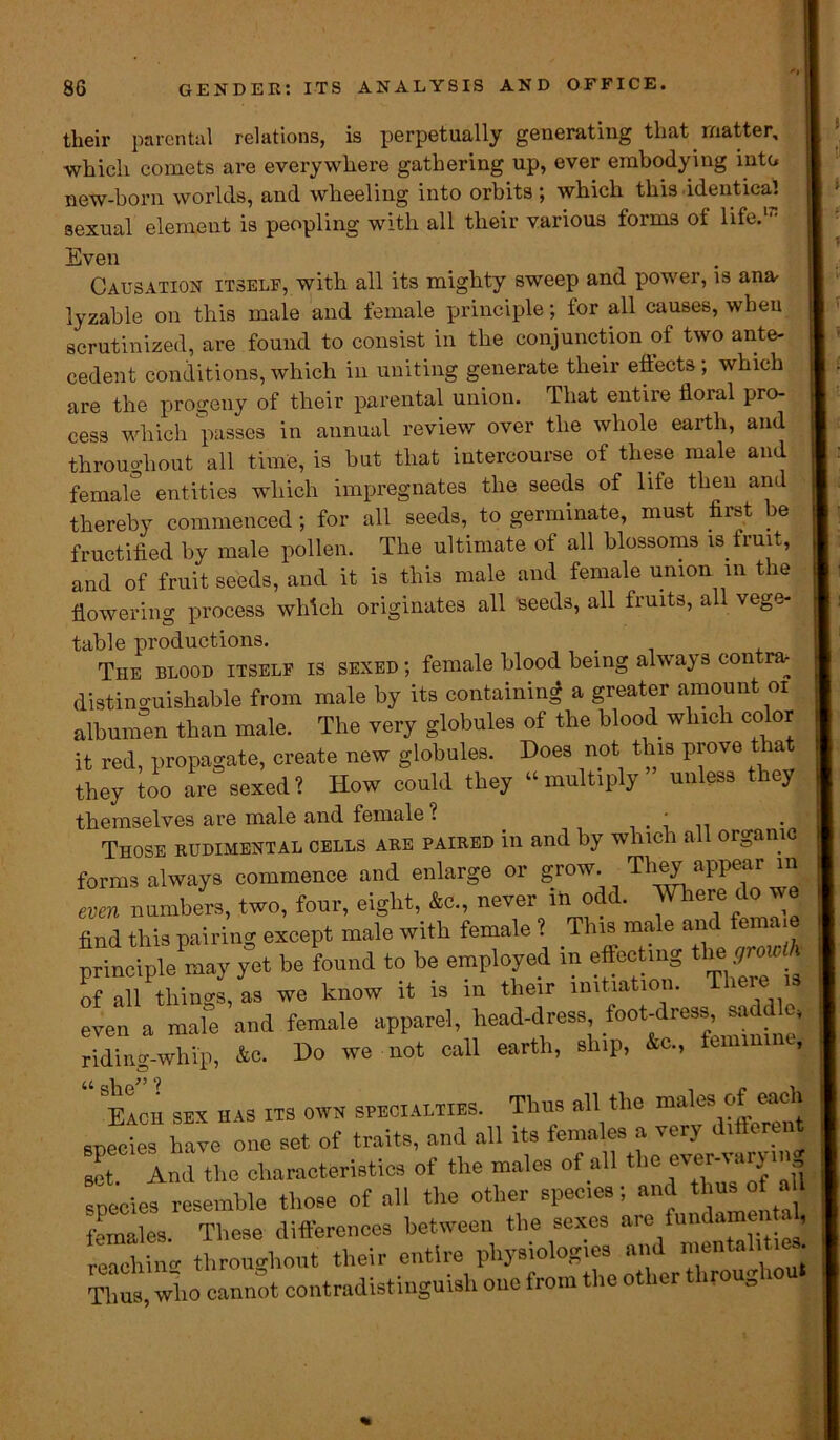 their parental relations, is perpetually generating that matter. which comets are everywhere gathering up, ever embodying into new-born worlds, and wheeling into orbits; which this identical sexual element is peopling with all their various forms of life.1 Causation itself, with all its mighty sweep and power, is ana- lyzable on this male and female principle; for all causes, wbeu scrutinized, are found to consist in the conjunction of two ante- cedent conditions, which in uniting generate their ettects; which are the progeny of their parental union. That entire floral pro- cess which passes in annual review over the whole earth, and throughout all time, is but that intercourse of these male and female entities which impregnates the seeds of life then and thereby commenced; for all seeds, to germinate, must first be fructified by male pollen. The ultimate of all blossoms is fruit, and of fruit seeds, and it is this male and female union m the flowering process which originates all seeds, all fruits, all vege- table productions. The blood itself is sexed ; female blood being always contra- ^ mi from male bv its containing a greater amount or Even