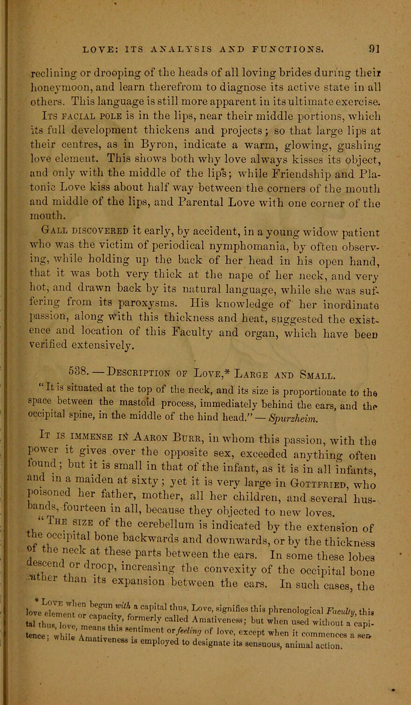 reclining or drooping of the heads of all loving brides during their honeymoon, and learn therefrom to diagnose its active state in all others. This language is still more apparent in its ultimate exercise. Its facial pole is in the lips, near their middle portions, which its full development thickens and projects; so that large lips at their centres, as in Byron, indicate a warm, glowing, gushing love element. This shows both why love always kisses its object, and only with the middle of the lip’s; while Friendship and Pla- tonic Love kiss about half way between the corners of the mouth and middle of the lips, and Parental Love with one corner of the mouth. Gall discovered it early, by accident, in a young widow patient who was the victim of periodical nymphomania, by often observ- ing, while holding up the back of her head in his open hand, that it was both very thick at the nape of her neck, and very hot, and drawn back by its natural language, while she Avas suf- fering from its paroxysms. Ilis knowledge of her inordinate passion, along with this thickness and heat, suggested the exist- ence and location of this Faculty and organ, which have beeD verified extensively. 588. — Description of Love* Large and Small. It is situated at the top of the neck, and its size is proportionate to the space between the mastoid process, immediately behind the ears, and the occipital spine, in the middle of the hind head.” — Spurzheim. It is immense itf Aaron Burr, in whom this passion, with the power it gives over the opposite sex, exceeded anything often found; but it is small in that of the infant, as it is in all infants, and in a maiden at sixty; yet it is very large in Gottfried, who poisoned her father, mother, all her children, and several hus- bands, fourteen in all, because they objected to new loves. “ The size of the cerebellum is indicated by the extension of he occipital bone backwards and downwards, or by the thickness o le neck at these parts between the ears. In some these lobes .™eni\0r drocP’ ^creasing the convexity of the occipital bone er an lts expansion between the ears. In such cases, the love^lement or camcit^f a ^°Ve’.signifie3 this Phrenological Faculty, this tal thus love mo' ? ^ f j Called Amativeness-; but when used without a capi- ten e AnT °™^ °f ,ove’ wl>en it commences a ser, ’ * Aruativeness u employed to designate its sensuous, animal action.