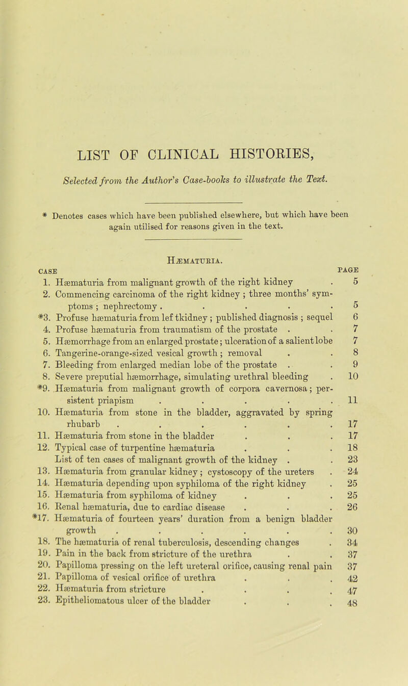 LIST OF CLINICAL HISTORIES, Selected from, the Author's Case-loohs to illustrate the Text. * Denotes cases which have been published elsewhere, but which have been again utilised for reasons given in the text. H.s:matueia. CASE PAGE 1. Haematuria from malignant growth of the right kidney . 5 2. Commencing carcinoma of the right kidney ; three months’ sym- ptoms ; nephrectomy. . . . .5 *3. Profuse haematuria from lef tkidney; published diagnosis ; sequel 6 4. Profuse haematuria from traumatism of the prostate . . 7 5. Haemon-hage from an enlarged prostate; ulceration of a salient lohe 7 6. Tangerine-orange-sized vesical growth; removal . . 8 7. Bleeding from enlarged median lobe of the prostate . . 9 8. Severe preputial haemorrhage, simulating urethral bleeding . 10 *9. Haematuria from malignant growth of corpora cavernosa; per- sistent priapism . . . . .11 10. Haematuria from stone in the bladder, aggravated by spring rhubarb . . . . . .17 11. Haematuria from stone in the bladder . . .17 12. Typical case of turpentine haematuria . . .18 List of ten cases of malignant growth of the kidney . . 23 13. Haematuria from granular kidney; cystoscopy of the ureters . 24 14. Haematuria depending upon syphiloma of the right kidney . 25 15. Haematuria from syphiloma of kidney . . .25 16. Renal haematuria, due to cardiac disease . . .26 *17. Haematuria of fourteen years’ duration from a benign bladder growth . . . . . .30 18. The haematuria of renal tuberculosis, descending changes . 34 19. Pain in the back from stricture of the urethra . . 37 20. Papilloma pressing on the left ureteral orifice, causing renal pain 37 21. Papilloma of vesical orifice of urethra . . .42 22. Haematuria from stricture . . . .47 23. Epitheliomatous ulcer of the bladder . . .48