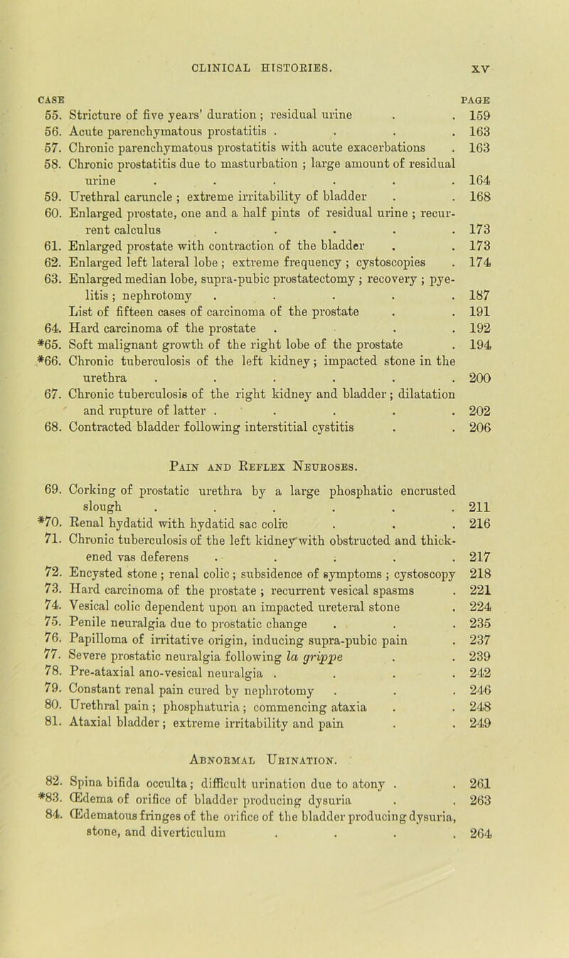 CASE PAGE 65. Stricture of fire years’ duration ; residual urine . . 159 56. Acute parenchymatous prostatitis . . . .163 57. Chronic parenchymatous prostatitis with acute exacerbations . 163 58. Chronic prostatitis due to masturbation ; large amount of residual urine ...... 164 59. Urethral caruncle ; extreme irritability of bladder . . 168 60. Enlarged prostate, one and a half pints of residual urine ; recur- rent calculus ..... 173 61. Enlarged prostate with contraction of the bladder . . 173 62. Enlarged left lateral lobe ; extreme frequency ; cystoscopies . 174 63. Enlarged median lobe, supra-pubic prostatectomy ; recovery ; pye- litis ; nephrotomy ..... 187 List of fifteen cases of carcinoma of the prostate . . 191 64. Hard carcinoma of the prostate ... 192 *65. Soft malignant growth of the right lobe of the prostate . 194 *66. Chronic tuberculosis of the left kidney; impacted stone in the urethra ...... 200 67. Chronic tuberculosis of the right kidney and bladder; dilatation and rupture of latter . . . . . 202 68. Contracted bladder following interstitial cystitis . . 206 Pain and Eeflex Neueoses. 69. Corking of prostatic urethra by a large phosphatic encrasted slough ...... 211 *70. Eenal hydatid with hydatid sac colin . . . 216 71. Chronic tuberculosis of the left kidneywith obstructed and thick- ened vas deferens ..... 217 72. Encysted stone; renal colic; subsidence of symptoms ; cystoscopy 218 73. Hard carcinoma of the prostate ; recuiTent vesical spasms . 221 74. Vesical colic dependent upon an impacted ureteral stone . 224 75. Penile neuralgia due to prostatic change . . . 235 76. Papilloma of in-itative origin, inducing supra-pubic pain . 237 77. Severe prostatic neuralgia following la grippe . . 239 78. Pre-ataxial ano-vesical neuralgia .... 242 79. Constant renal pain cured by nephrotomy . . . 246 80. Urethral pain; phosphaturia; commencing ataxia . . 248 81. Ataxial bladder; extreme irritability and pain . . 249 Abnoemal Ueination. 82. Spina bifida occulta; difficult urination due to atony . . 261 *83. (Edema of orifice of bladder producing dysuria . . 263 84. (Edematous fringes of the orifice of the bladder producing dysuria, stone, and diverticulum .... 264