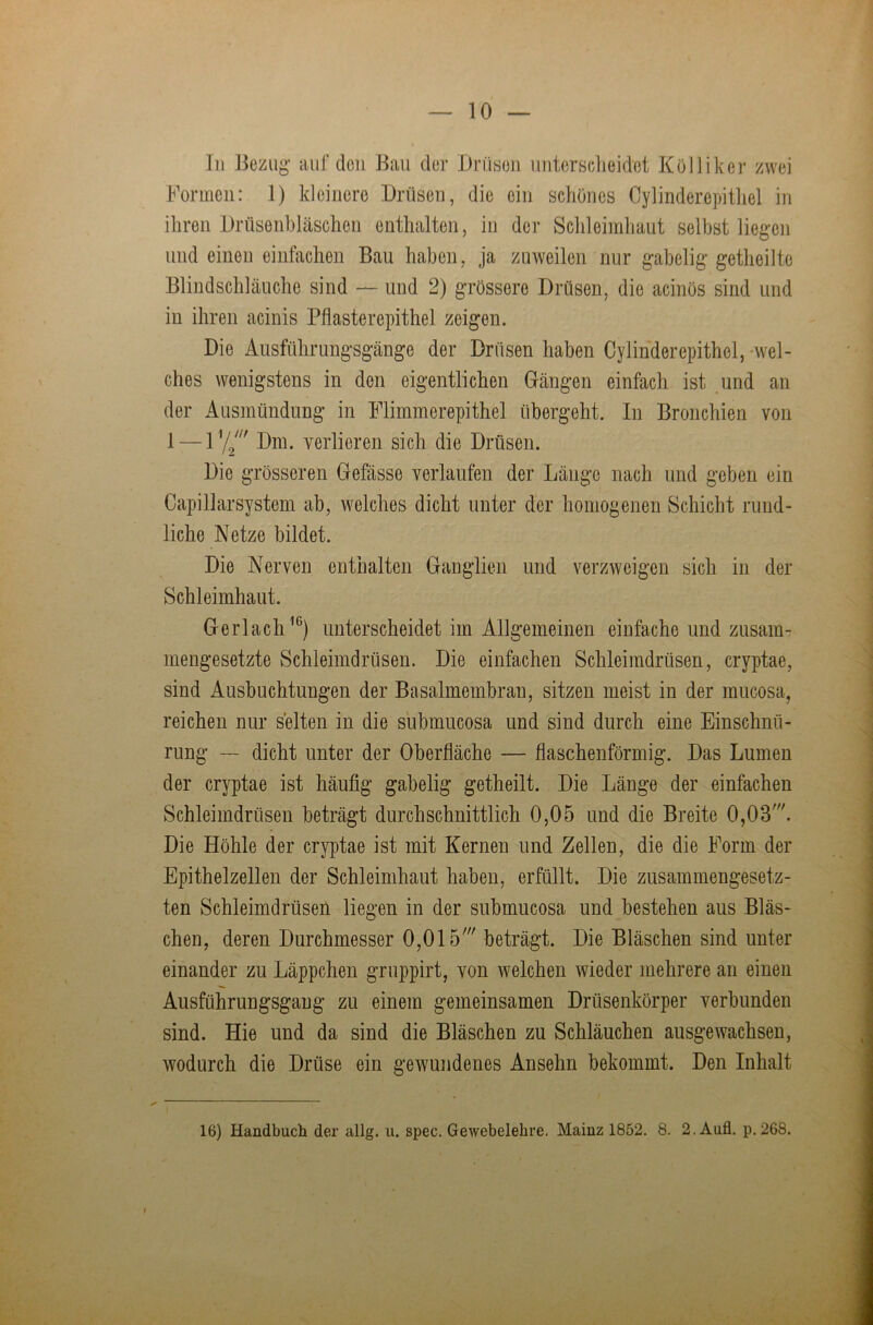 In Bezug’ auf den Bau der Drüsen unter scheidet KölHker zwei Formen: 1) kleinere Drüsen, die ein schönes Cylinderepithel in ihren Drüseiibläschen enthalten, in der Sclileiinhaut selbst liegen und einen einfachen Bau haben, ja zuweilen nur gabelig getheilte Blindschläuche sind — und 2) grössere Drüsen, die acinös sind und in ihren acinis Pflasterepithel zeigen. Die Ausführungsgänge der Drüsen haben Cylinderepithel, -wel- ches Avenigstens in den eigentlichen Grängen einfach ist und an der Ausmündung in Flimmerepithel übergeht. In Bronchien von 1 — ly/' Dm. verlieren sich die Drüsen. Die grösseren Gefässe verlaufen der Länge nach und geben ein Capillarsystem ab, welches dicht unter der homogenen Schicht rund- liche Netze bildet. Die Nerven enthalten Ganglien und verzweigen sich in der Schleimhaut. Gerlach^®) unterscheidet im Allgemeinen einfache und zusaiüT mengesetzte Schleimdrüsen. Die einfachen Schleimdrüsen, cryptae, sind Ausbuchtungen der Basalmembran, sitzen meist in der mucosa, reichen nur selten in die submucosa und sind durch eine Einschnü- rung — dicht unter der Oberfläche — flaschenförmig. Das Lumen der cryptae ist häufig gabelig getheilt. Die Länge der einfachen Schleimdrüsen beträgt durchschnittlich 0,05 und die Breite 0,03'. Die Höhle der cryptae ist mit Kernen und Zellen, die die Form der Epithelzellen der Schleimhaut haben, erfüllt. Die zusammengesetz- ten Schleimdrüsen liegen in der submucosa und bestehen aus Bläs- chen, deren Durchmesser 0,015' beträgt. Die Bläschen sind unter einander zu Läppchen gruppirt, von welchen Avieder mehrere an einen Ausführungsgaug zu einem gemeinsamen Drüsenkörper verbunden sind. Hie und da sind die Bläschen zu Schläuchen ausgewachsen, Avodurch die Drüse ein geAvundenes Ansehn bekommt. Den Inhalt