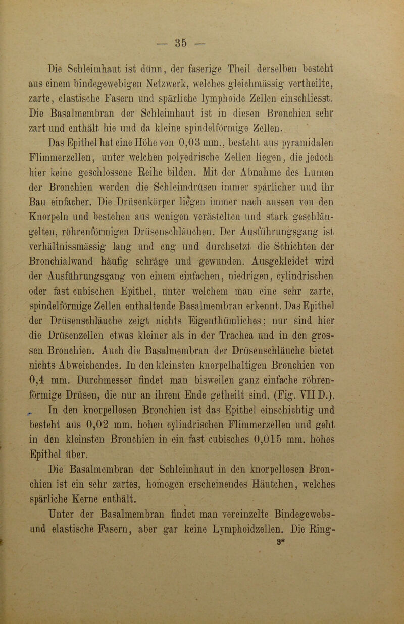 Die Sclileimhaut ist dünn, der faserige Theil derselben besteht aus einem bindegewebigen Netzwerk, welches gleichmässig vertheilte, zarte, elastische Fasern und spärliche lymphoide Zellen einschliesst. Die Basalmembran der Schleimhaut ist in diesen Bronchien sehr zart und enthält hie und da kleine spindelförmige Zellen. Das Epithel hat eine Höhe von 0,03 mm., besteht aus pyramidalen Flimmerzellen, unter welchen polyedrische Zellen liegen, die jedoch hier keine geschlossene Reihe bilden. Mit der Abnahme des Lumen der Bronchien Averden die Schleimdrüsen immer spärlicher und ihr Bau einfacher. Die Drüsenkörper liegen immer nach aussen von den Knorpeln und bestehen aus Avenigen verästelten und stark geschlän- gelten, röhrenförmigen Drüsenschläuchen. Der Ausführungsgang ist verhältnissmässig lang und eng uud durchsetzt die Schichten der Bronchial wand häufig schräge und geAVunden. Ausgekleidet wird der Ausführungsgang von einem einfachen, niedrigen, cylindrischen oder fast cubischen Epithel, unter Avelchem man eine sehr zarte, spindelförmige Zellen enthaltende Basalmembran erkennt. Das Epithel der Drüsenschläuche zeigt nichts Eigenthümliches; nur sind hier die Drüsenzellen etwas kleiner als in der Trachea und in den gros- sen Bronchien. Auch die Basalmembran der Drüsenschläuche bietet nichts AbAveichendes. In den kleinsten knorpelhaltigen Bronchien von 0,4 mm. Durchmesser findet man bisweilen ganz einfache röhren- förmige Drüsen, die nur an ihrem Ende getheilt sind. (Fig. YIID.). In den knorpellosen Bronchien ist das Epithel einschichtig und besteht aus 0,02 mm. hohen cylindrischen Flimmerzellen und geht in den kleinsten Bronchien in ein fast cubisches 0,015 mm. hohes Epithel über. Die Basalmembran der Schleimhaut in den knorpellosen Bron- chien ist ein sehr zartes, homogen erscheinendes Häutchen, welches spärliche Kerne enthält. Unter der Basalmembran findet man vereinzelte Bindegewebs- und elastische Fasern, aber gar keine Lymphoidzellen. Die Ring- 8*
