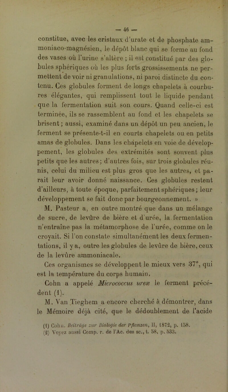 constitue, avec les cristaux d'urate et de phosphate am- moniaco-magnésien, le dépôt blanc qui ,se forme au fond des vases où l’urine s’altère ; il est constitué par des glo- bules sphériques où les plus forts grossissements ne per- mettent devoir ni granulations, ni paroi distincte du con- tenu. Ces globules forment de longs chapelets à courbu- res élégantes, qui remplissent tout le liquide pendant que la fermentation suit son cours. Quand celle-ci est terminée, ils se rassemblent au fond et les chapelets se brisent ; aussi, examiné dans un dépôt un peu ancien, le ferment se présente-t-il en courts chapelets ou en petits amas de globules. Dans les chapelets en voie de dévelop- pement, les globules des extrémités sont souvent plus petits que les autres; d’autres fois, sur trois globules réu- nis, celui du milieu est plus gros que les autres, et pa- rait leur avoir donné naissance. Ces globules restent d’ailleurs, à toute époque, parfaitement sphériques ; leur développement se fait donc par bourgeonnement. » M. Pasteur a, en outre montré que dans un mélange de sucre, de levûre de bière et d’urée, la.fermentation n’entraîne pas la métamorphose de l’urée, comme on le croyait. Si l’on constate simultanément les deux fermen- tations, il y a, outre les globules de levûre de bière, ceux de la levûre ammoniacale. Ces organismes se développent le mieux vers 87, qui est la température du corps humain. Cohn a appelé Micrococcus ureæ le ferment précé- dent (1). M. Van Tieghem a encore cherché à démontrer, dans le Mémoire déjà cité, que le dédoublement de l’acide (1) Guhu. Beüràge zur Biologie der Pflanzen, II, 1872, p. 158. (2) Voyez aussi Comp. r. de l’Ac. des sc., t. 58, p. 533.