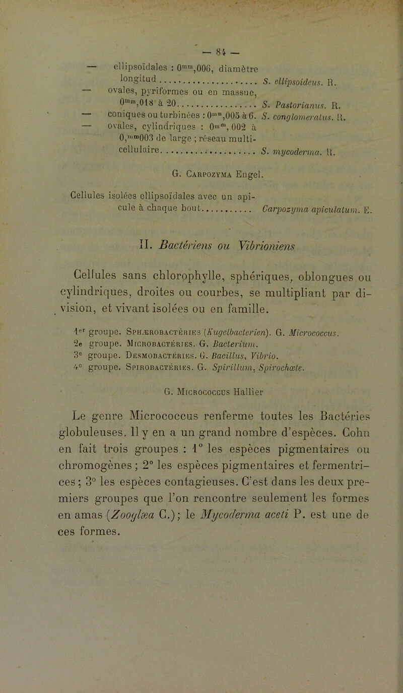 — ellipsoïdales : 0”“,00G, diamètre longitud 5. elhpsoideus. R. ovales, pyriformes ou en massue, 0”',0l8 à ^0 S. Pastorianus. R. — coniques ou turbinées : 0',üüo à 6. S. conglomérai us. U. — ovales, cylindriques : 0'', 002 ii 0,”'“>003 de large ; réseau multi- cellulaire S. mycoderma. U. G. Carpozyma Engel. Cellules isolées ellipsoïdales avec un api- cule à chaque bout Carpozyma apiculalum. E. IL Bactériens ou Vibrioniens Cellules sans chlorophylle, sphériques,, oblongues ou cylindriques, droites ou courbes, se multipliant par di- vision, et vivant isolées ou en famille. groupe. Sphærobactèhiks [Kugelbaclerien). G. Micrococcus. 2e groupe. Miorobactéries. G. Bacterium. 3® groupe. Desmobactéries. G. Bacillus, Vibrio. 4® groupe. Spirobactêries. G. Spirillurn, Spirochœte. G. Micrococcus Rallier Le genre Micrococcus renferme toutes les Bactéries globuleuses. 11 y en a un grand nombre d’espèces. Gohn en fait trois groupes : I les espèces pigmentaires ou chromogènes ; 2” les espèces pigmentaires et fermentri- ces; 3° les espèces contagieuses. C’est dans les deux pre- miers groupes que l’on rencontre seulement les formes en amas {^Zooylæa C.); le Mycoderma aceii P. est une de ces formes.