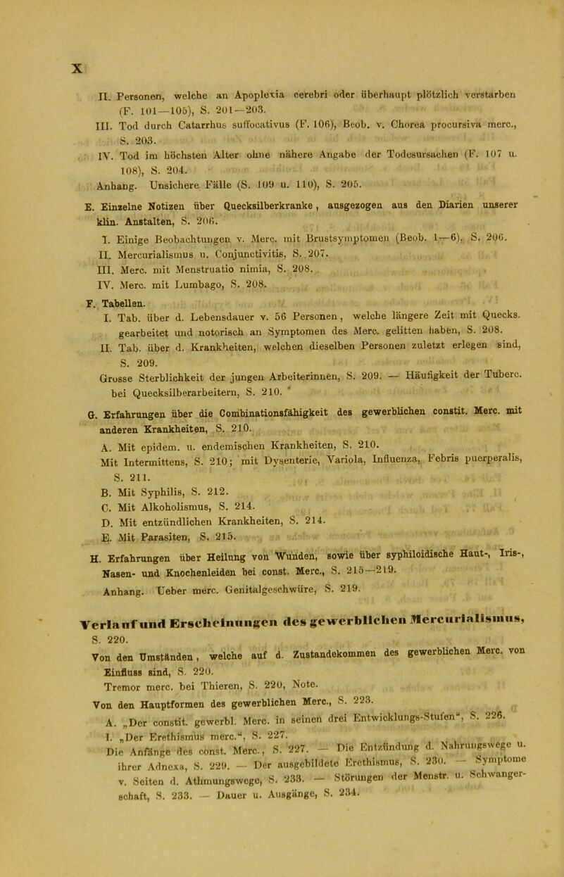 IX. Personen, welche an Apoplexia cerebri oder überhaupt plötzlich verstürben (F. 101—10&), S. 201—203. III. Tod durch Catarrhus suflocativus (F. 106), Beob. v. Chorea procursiva merc., S. 203. IV. Tod im höchsten Alter ohne nähere Angabe der Todesursachen (F. 107 u. 108), S. 204. Anhang. Unsichere Fälle (S. 100 u. 110), S. 205. E. Einzelne Notizen über Quecksilberkranke, ausgezogen aus den Diarien unserer klin. Anstalten, S. 206. I. Einige Beobachtungen v. Merc. mit Brustsymptomen (Beob. 1—6)„ S. 200. II. Mercurialismus u. Conjunctivitis, S. 207. III. Merc. mit Menstruatio nimia, S. 208. IV. Merc. mit Lumbago, S. 208. F. Tabellen. I. Tab. über d. Lebensdauer v. 56 Personen, welche längere Zeit mit Quecks. gearbeitet und notorisch an Symptomen des Merc. gelitten haben, S. 208. II. Tab. über d. Krankheiten, welchen dieselben Personen zuletzt erlegen sind, S. 209. Grosse Sterblichkeit der jungen Arbeiterinnen, S. 209. — Häufigkeit der Tuberc. bei Quecksilberarbeitern, S. 210. G. Erfahrungen über die Combinationsfäliigkeit des gewerblichen constit. Merc. mit anderen Krankheiten, S. 210. A. Mit epidem. u. endemischen Krankheiten, S. 210. Mit Intermittens, S. 210; mit Dysenterie, Variola, Influenza, Febris puerperalis, S. 211. B. Mit Syphilis, S. 212. C. Mit Alkoholismus, S. 214. D. Mit entzündlichen Krankheiten, S. 214. E. Mit Parasiten, S. 215. H. Erfahrungen über Heilung von Wunden, sowie über syphiloidische Haut-, Iris-, Nasen- und Knochenleiden bei const. Merc., S. 215—219. Anhang. Ueber merc. Genitalgeschwüre, S. 219. Verlauf und Erscheinungen des gewerblichen Mercurialisinus, S. 220. Von den Umständen, welche auf d. Zustandekommen des gewerblichen Merc. von Einfluss sind, S. 220. Tremor merc. bei Thieren, S. 220, Note. Von den Hauptformen des gewerblichen Merc., S. 223. A. „Der constit. gewerbl. Merc. in seinen drei Entwicklungs-Stufen“, S. 226. I. „Der Erethismus merc.“, S. 227. Die Anfänge des const. Merc., S. 227. - Die Entzündung d. Nahrungswege u. ihrer Adnexa, S. 229. - Der ausgebildete Erethismus, S. 230. - Symptome v. Seiten d. Atkmungswcgu, S. 233. - Störungen der Menstr. u. Schwanger- schaft, S. 233. — Dauer u. Ausgänge, S. 234.