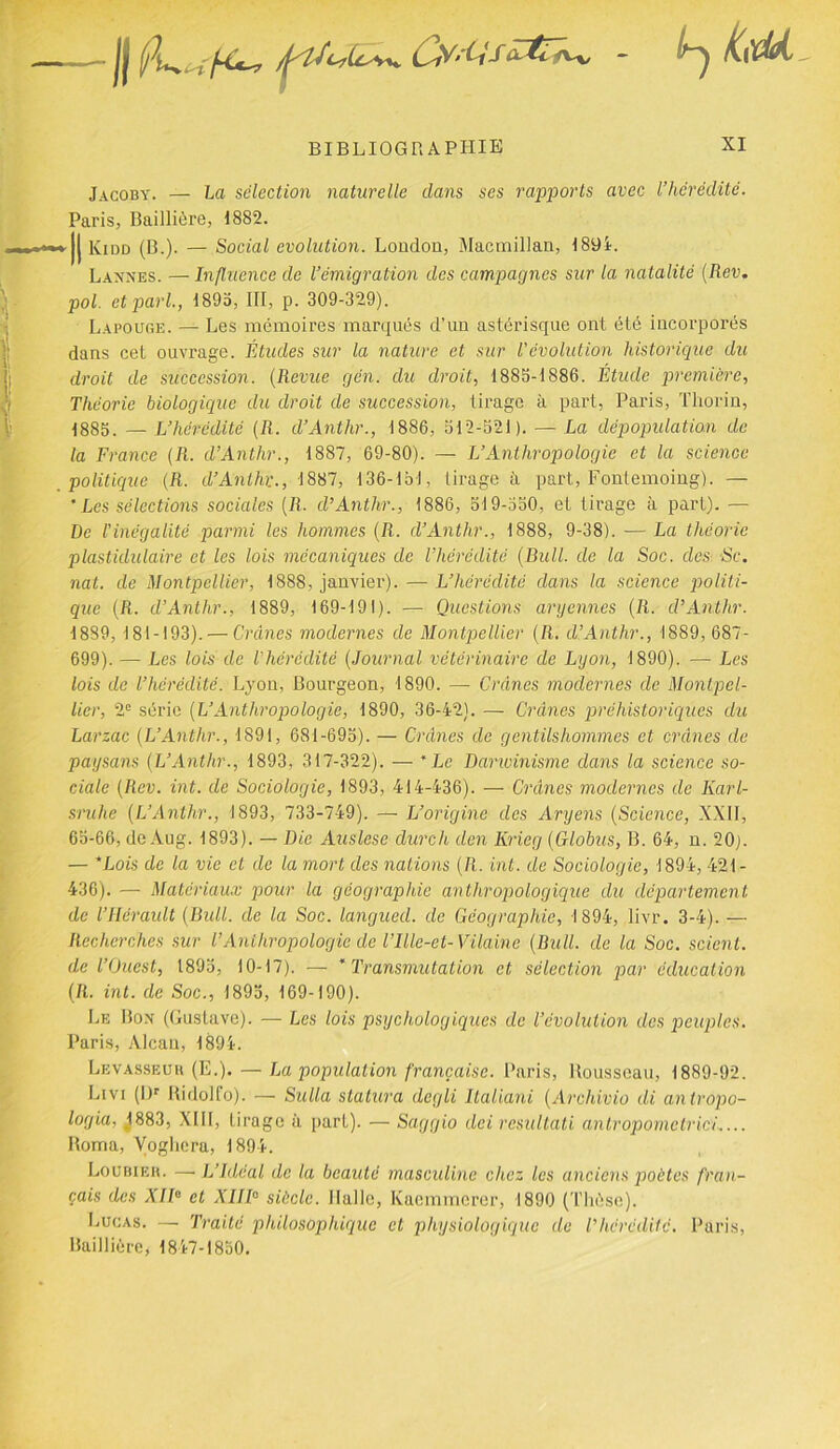 I —1| fa* BIBLIOGRAPHIE XI Jacoby. — La sélection naturelle dans ses rapports avec l’hérédité. Paris, Baillière, 1882. || Kidd (B.). — Social évolution. London, Macmillan, 1894. Lannes. —Influence de l’émigration des campagnes sur la natalité (Rev. pol. et pari., 1893, III, p. 309-329). Lapouge. — Les mémoires marqués d’un astérisque ont été incorporés dans cet ouvrage. Etudes sur la nature et sur l'évolution historique du droit de succession. (Revue gén. du droit, 1885-1886. Étude première, Théorie biologique du droit de succession, tirage à part, Paris, Thorin, 1885. — L’hérédité (R. d’Antlir., 1886, 312-521). — La dépopidation de la France (R. d’Anthr., 1887, 69-80). — L’Anthropologie et la science politique (R. d’Anthv., 1887, 136-131, tirage à part, Fontemoing). — * Les sélections sociales (R. d’Anthr., 1886, 519-330, et tirage à part). — De l'inégalité parmi les hommes (R. d’Anthr., 1888, 9-38). — La théorie plastidulaire et les lois mécaniques de l’hérédité (Bull, de la Soc. des Sc. nal. de Montpellier, 1888, janvier). — L’hérédité dans la science politi- que (R. d’Anthr., 1889, 169-191). — Questions aryennes (R. d’Anthr. 1889, 181-193). — Crânes modernes de Montpellier (R. d’Anthr., 1889,687- 699). — Les lois de l’hérédité (Journal vétérinaire de Lyon, 1890). — Les lois de l’hérédité. Lyon, Bourgeon, 1890. — Crânes modernes de Montpel- lier, 2e série (L’Anthropologie, 1890, 36-42). —- Crânes préhistoriques du Larzac (L’Anthr., 1891, 681-695). — Crânes de gentilshommes et crânes de paysans (L’Anthr., 1893, 317-322). — * Le Darwinisme dans la science so- ciale (Rev. int. de Sociologie, 1893, 414-436). — Crânes modernes de Karl- sruhe (L’Anthr., 1893, 733-749). — L’origine des Aryens (Science, XXII, 65-66, de Aug. 1893). — Die Auslese durch den Krieg (Globus, B. 64, n. 20). — 'Lois de la vie et de la mort des nations (R. int. de Sociologie, 1894, 421- 436). — Matériaux pour la géographie anthropologique du département de l’Hérault (Bull, de la Soc. langued. de Géographie, 1894, livr. 3-4). — Recherches sur l’Anthropologie de l’Ille-et-Vilaine (Bull, de la Soc. scient, de l’Ouest, 1895, 10-17). — * Transmutation et sélection par éducation (R. int. de Soc., 1895, 169-190). Le Bon (Gustave). — Les lois psychologiques de l’évolution des peuples. Paris, Alcan, 1894. Levasseuu (E.). — La population française. Paris, Rousseau, 1889-92. Livi (l)r Ridolfo). — Sulla stalura dcgli Italiani (Archivio di antropo- logia, 1883, XIII, tirage à part). — Saggio dei résultait antropometrici Borna, Voghcra, 1894. Louan-:n. — L’Idéal de la beauté masculine chez les anciens poètes fran- çais des XIIe et XIIIe siècle. Halle, Kaemmerer, 1890 (Thèse). Lucas. —• Traité philosophique et physiologique de l'hérédité. Paris, Baillière, 1847-1850.