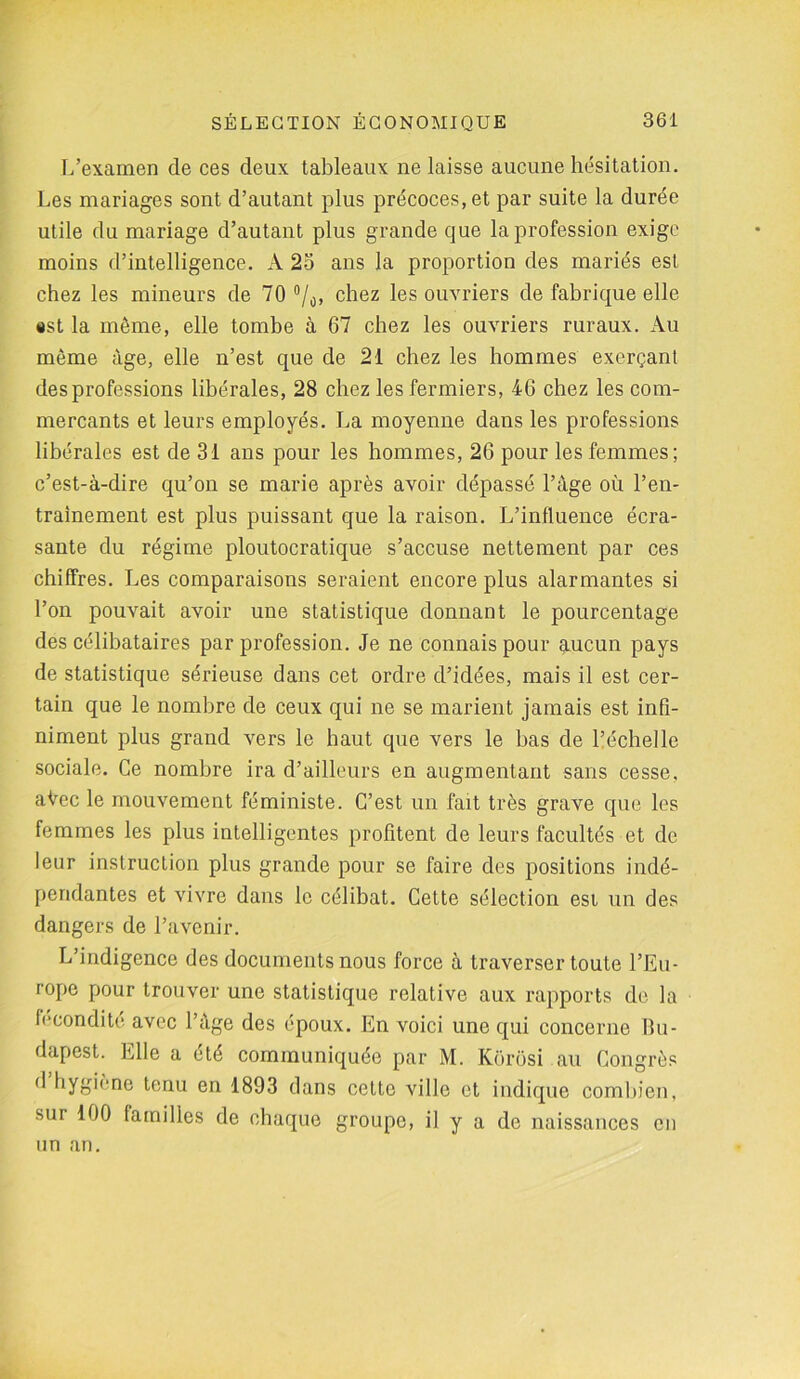 L’examen de ces deux tableaux ne laisse aucune hésitation. Les mariages sont d’autant plus précoces, et par suite la durée utile du mariage d’autant plus grande que la profession exige moins d’intelligence. A 25 ans la proportion des mariés est chez les mineurs de 70 °/0, chez les ouvriers de fabrique elle «st la même, elle tombe à 67 chez les ouvriers ruraux. Au même âge, elle n’est que de 21 chez les hommes exerçant des professions libérales, 28 chez les fermiers, 46 chez les com- mercants et leurs employés. La moyenne dans les professions libérales est de 31 ans pour les hommes, 26 pour les femmes; c’est-à-dire qu’on se marie après avoir dépassé l’àge où l’en- trainement est plus puissant que la raison. L’influence écra- sante du régime ploutocratique s’accuse nettement par ces chiffres. Les comparaisons seraient encore plus alarmantes si l’on pouvait avoir une statistique donnant le pourcentage des célibataires par profession. Je ne connais pour aucun pays de statistique sérieuse dans cet ordre d’idées, mais il est cer- tain que le nombre de ceux qui ne se marient jamais est infi- niment plus grand vers le haut que vers le bas de l’échelle sociale. Ce nombre ira d’ailleurs en augmentant sans cesse, aVec le mouvement féministe. C’est un fait très grave que les femmes les plus intelligentes profitent de leurs facultés et de leur instruction plus grande pour se faire des positions indé- pendantes et vivre dans le célibat. Cette sélection esi un des dangers de l’avenir. L’indigence des documents nous force à traverser toute l’Eu- rope pour trouver une statistique relative aux rapports de la fécondité avec l’àge des époux. En voici une qui concerne Bu- dapest. Elle a été communiquée par M. Korosi au Congrès d hygiène tenu en 1893 dans cette ville et indique combien, sur 100 familles de chaque groupe, il y a de naissances en un an.